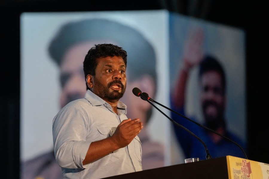 Leader and the presidential candidate of National People's Power Anura Kumara Dissanayake speaks to supporters during the final public rally ahead of the election in Colombo, Sri Lanka, Wednesday, Sept. 18, 2024. (AP Photo/Eranga Jayawardena)