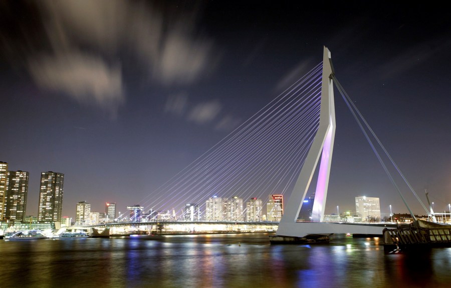 FILE - The Erasmus Bridge towers over the river Maas in Rotterdam, the Netherlands, April 2007. (AP Photo/ Bas Czerwinski, File)