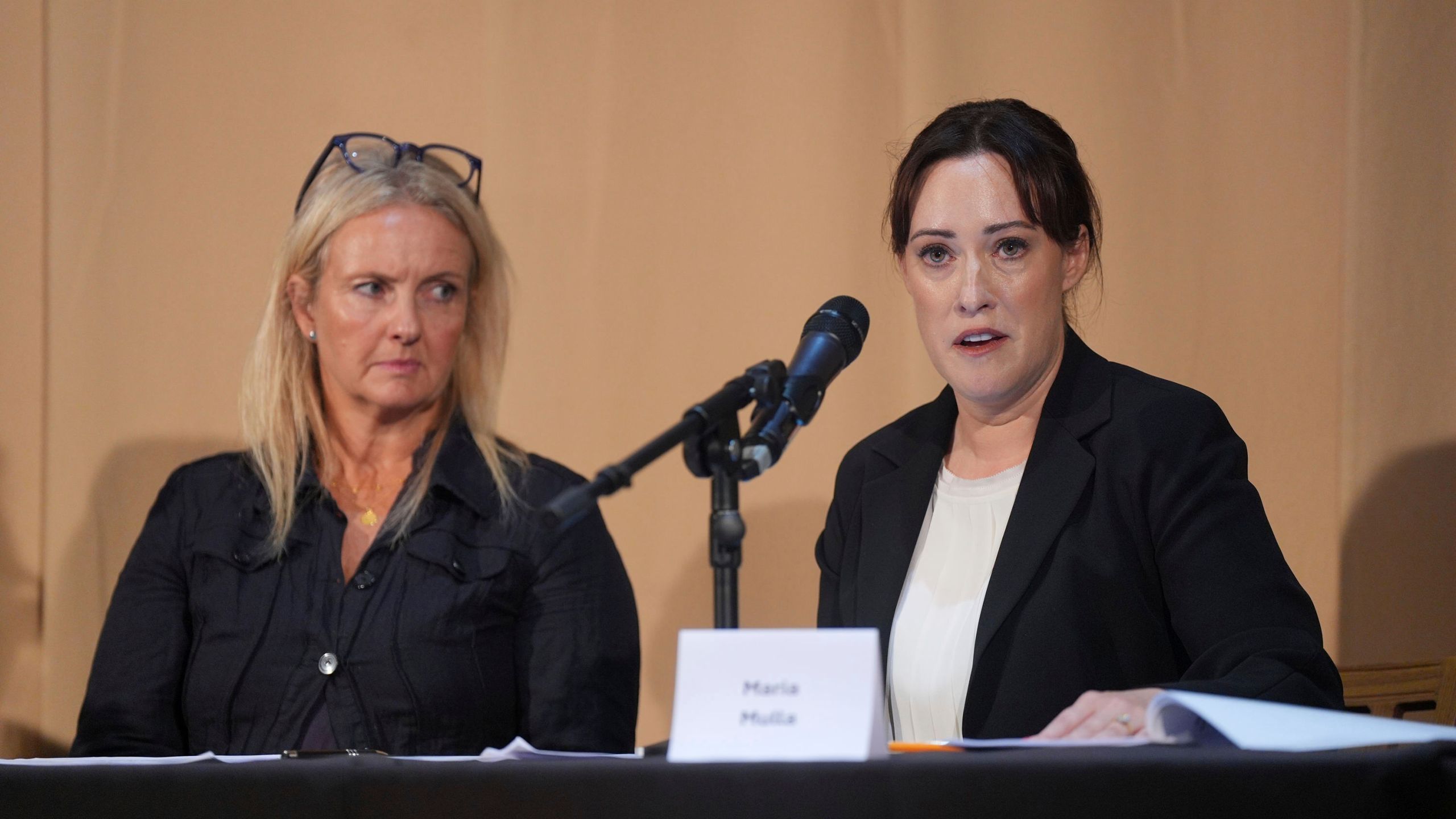 Natacha (no surname given), left, and barrister Maria Mulla, who featured in 'Al-Fayed: Predator at Harrods' hold a press conference to discuss their involvement in the investigation and the legal claim against Harrods for failing to provide a safe system of work for their employees, at Kent House in Knightsbridge, London, Friday Sept. 20, 2024. Multiple ex-Harrods employees have accused Mohamed Al Fayed, the Egyptian billionaire who owned the luxury department store for more than 25 years, of rape and sexual assault. (Yui Mok/PA via AP)