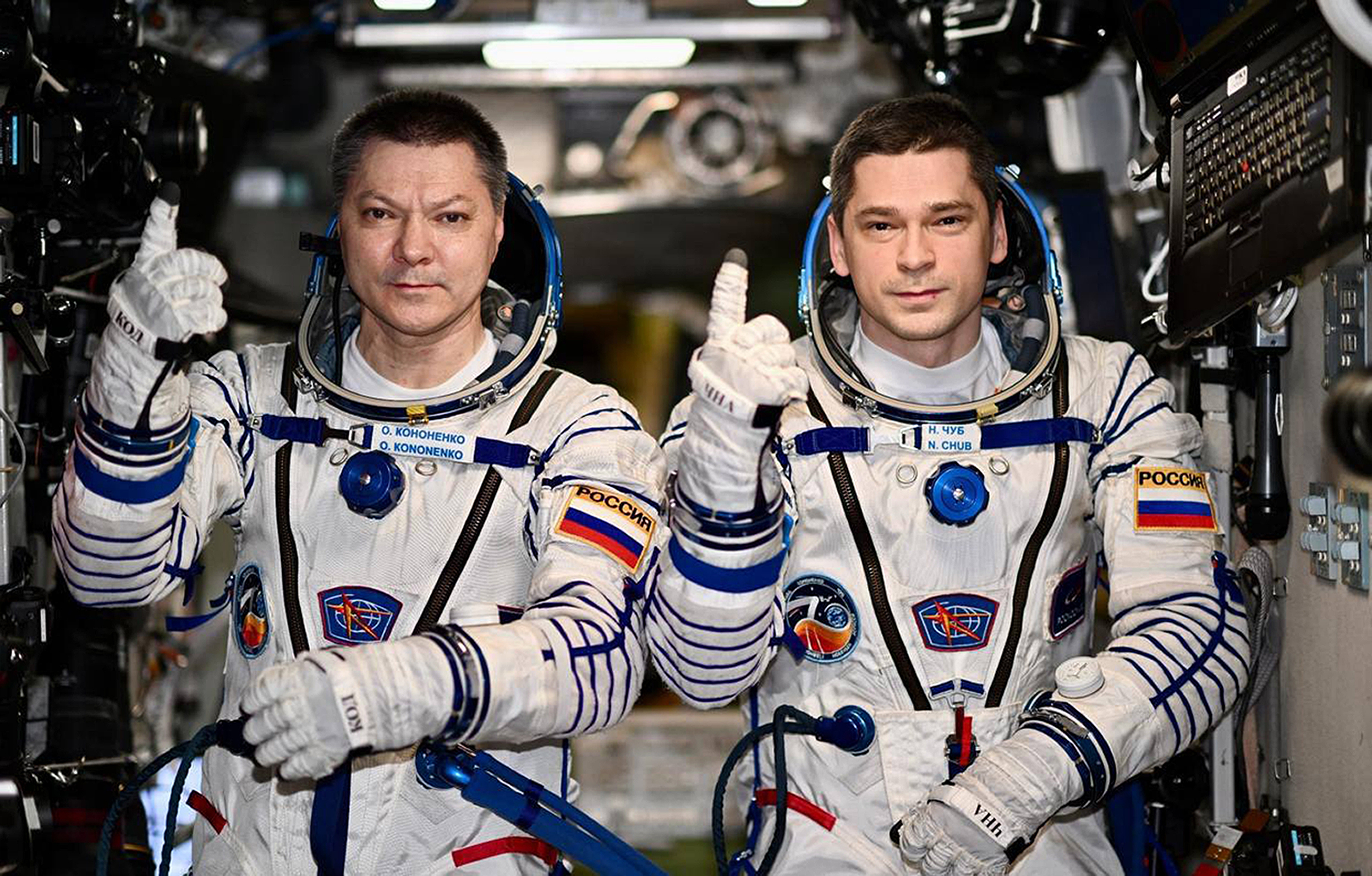 In this undated photo released by Roscosmos space corporation, Russians Oleg Kononenko and Nikolai Chub are shown aboard the International Space Station on Friday, Sept. 20, 2024. They set the record for the longest continuous presence on the ISS, more than 370 days. (Roscosmos space corporation via AP)