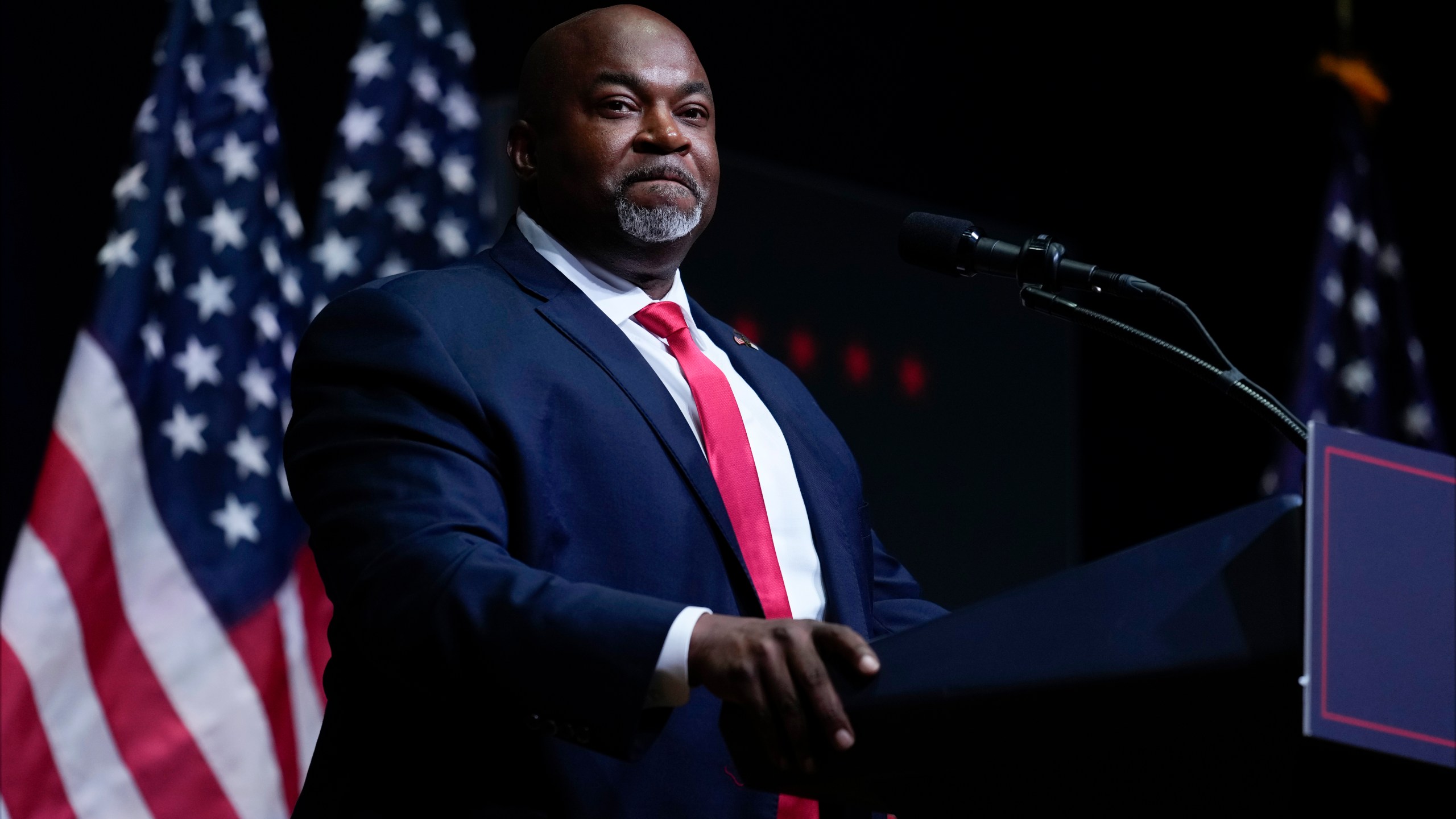 FILE - North Carolina Lt. Gov. Mark Robinson speaks before Republican presidential nominee former President Donald Trump at a campaign rally in Asheville, N.C., Aug. 14, 2024. (AP Photo/Matt Rourke, File)