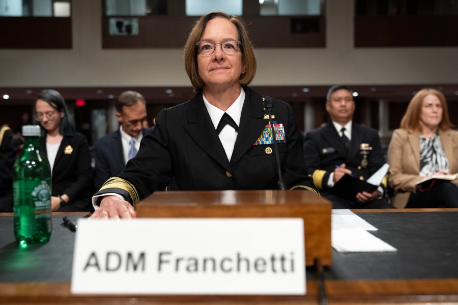 FILE - Navy Adm. Lisa Franchetti takes her seat to attend a Senate Armed Services Committee hearing on her nomination for reappointment to the grade of admiral and to be Chief of Naval Operations, Sept. 14, 2023, on Capitol Hill in Washington. (AP Photo/Jacquelyn Martin, File)