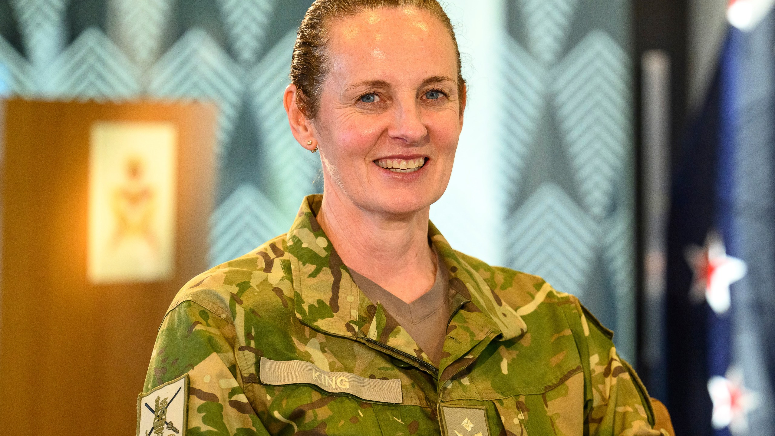 New Zealand's army chief Major General Rose King, the first woman to head a military service in the country, is interviewed by The Associated Press at the defense headquarters in Wellington on Friday, Sept. 20, 2024. (AP Photo/Mark Tantrum)