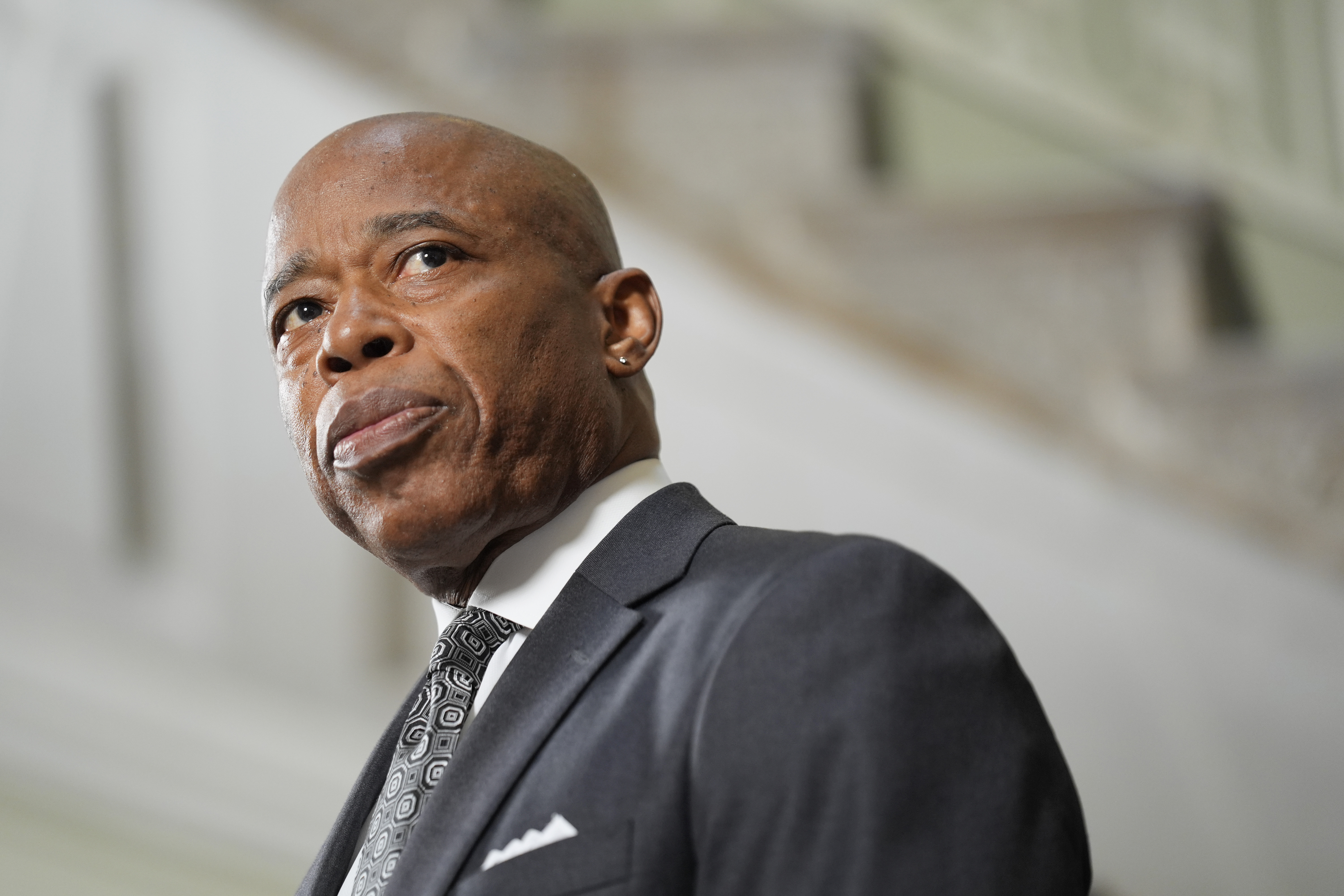 New York City Mayor Eric Adams speaks to members of the press at a news conference in New York, Monday, Sept. 16, 2024. (AP Photo/Seth Wenig)