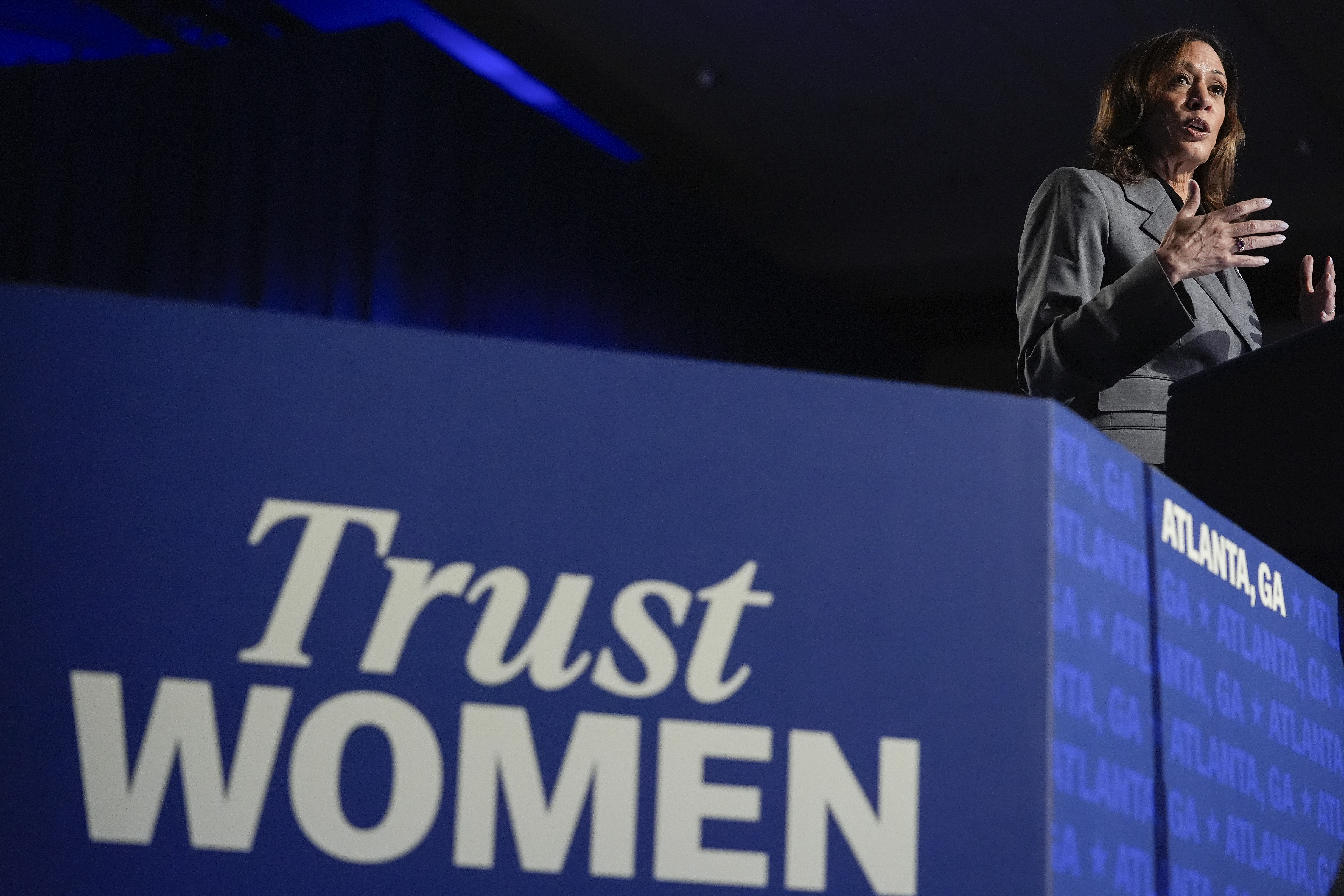 Democratic presidential nominee Vice President Kamala Harris speaks during a campaign event on Friday, Sept. 20, 2024, in Atlanta. (AP Photo/Brynn Anderson)