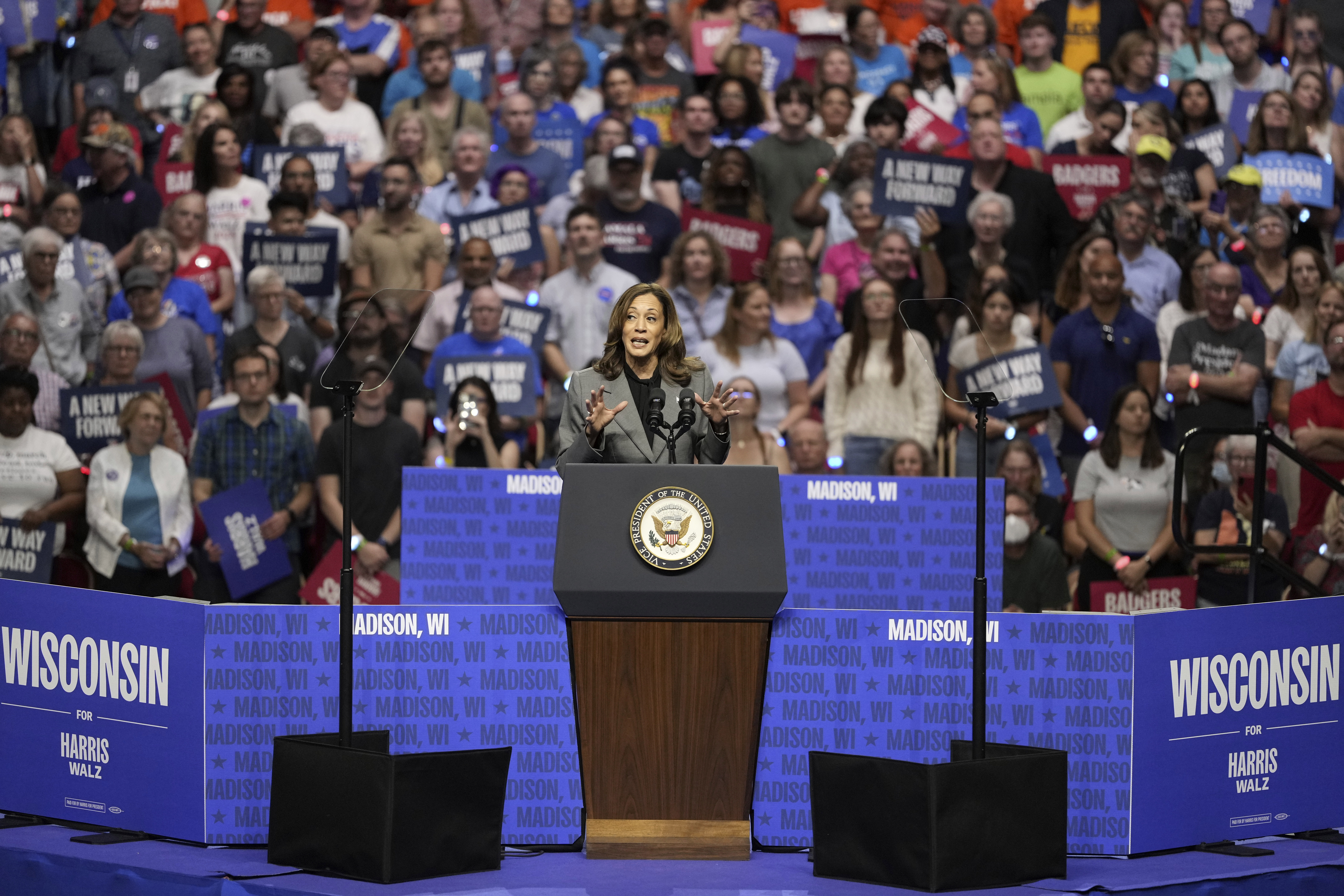 Democratic presidential nominee Vice President Kamala Harris speaks at a campaign event Friday, Sept. 20, 2024, in Madison, Wis. (AP Photo/Morry Gash)