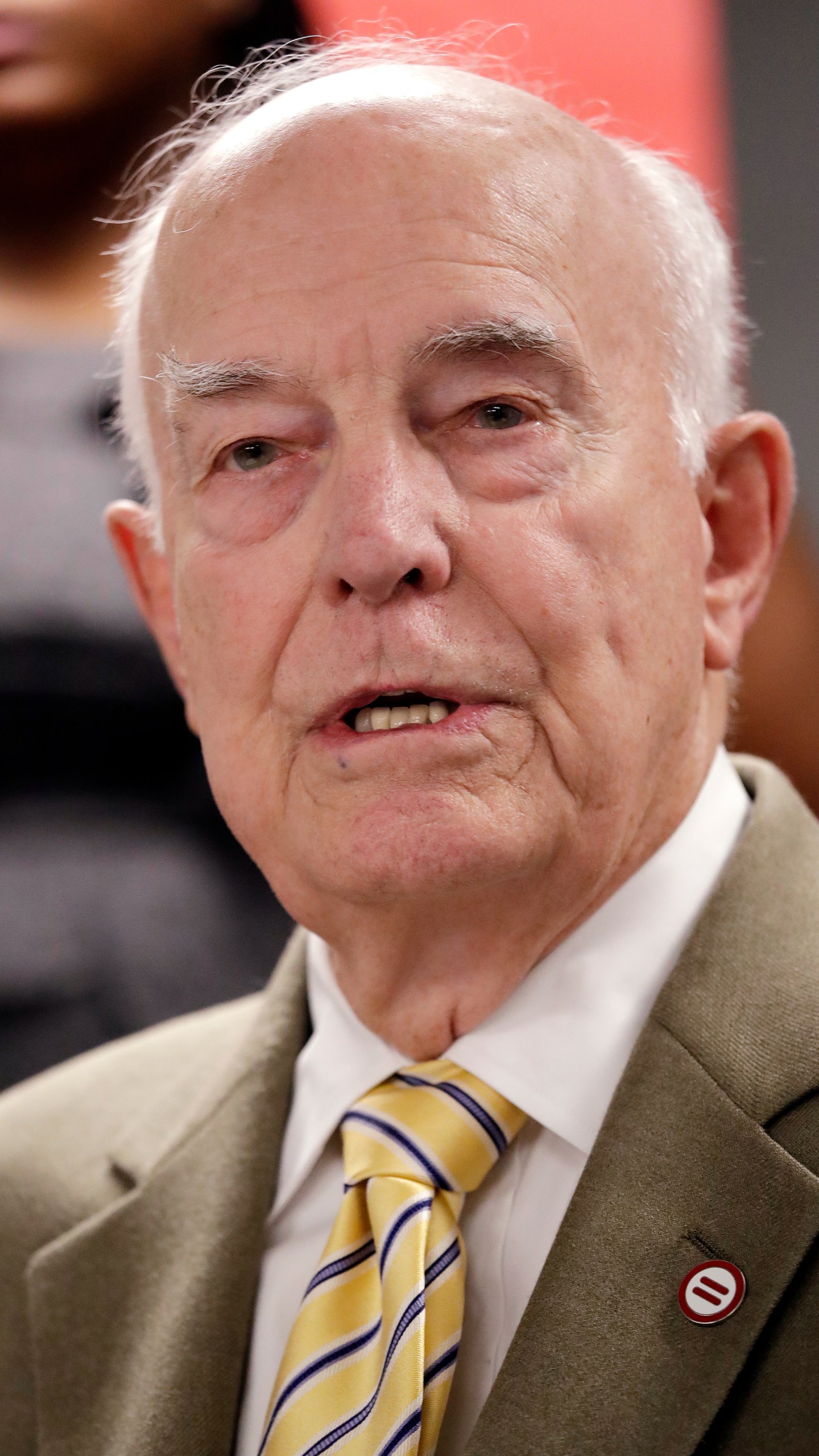 Former governor Dan Evans speaks at a news conference in favor of I-1000, Thursday, Oct. 11, 2018, in Seattle. (AP Photo/Elaine Thompson, File)