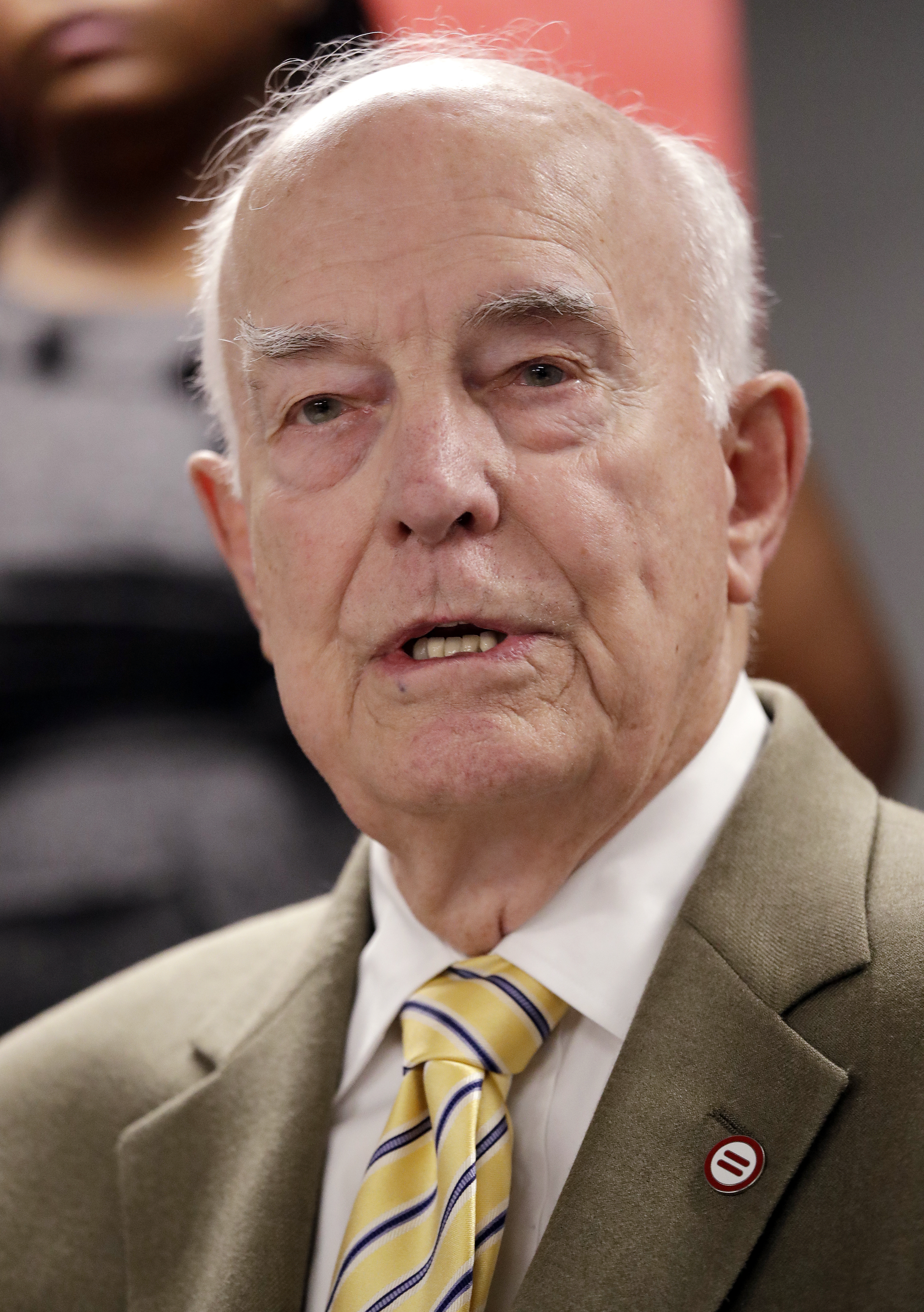 Former governor Dan Evans speaks at a news conference in favor of I-1000, Thursday, Oct. 11, 2018, in Seattle. (AP Photo/Elaine Thompson, File)