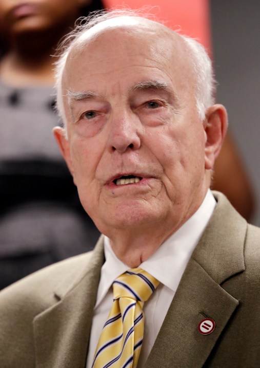 Former governor Dan Evans speaks at a news conference in favor of I-1000, Thursday, Oct. 11, 2018, in Seattle. (AP Photo/Elaine Thompson, File)