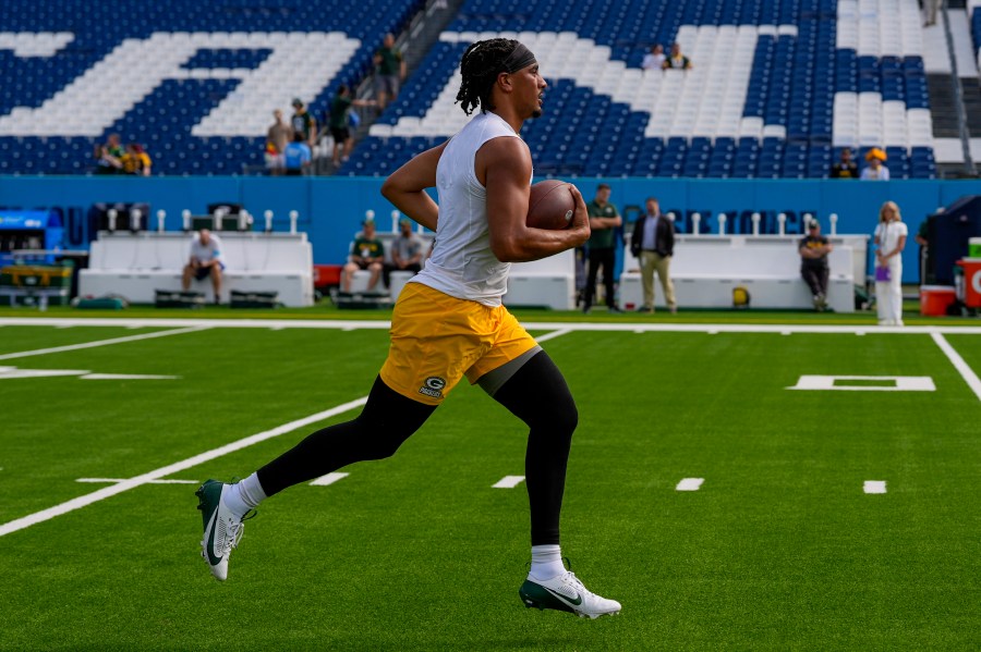 Green Bay Packers' Jordan Love runs before an NFL football game against the Tennessee Titans Sunday, Sept. 22, 2024, in Nashville, Tenn. (AP Photo/George Walker IV)