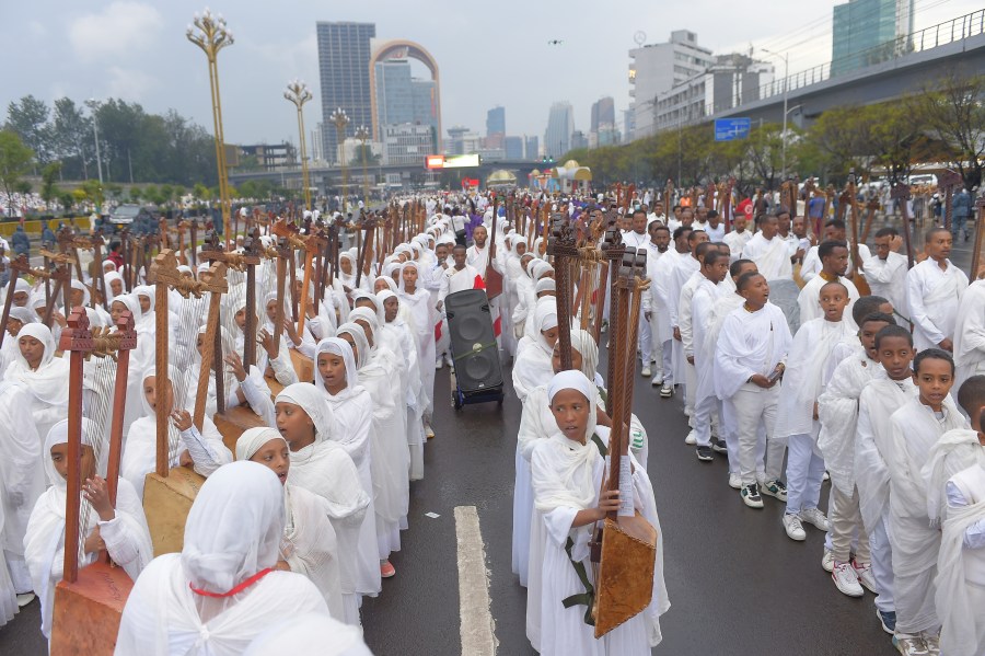 Religious leaders and Ethiopians celebrate Meskel, meaning the Cross in Amharic, is an annual religious holiday among Orthodox in Addis Ababa, Ethiopia Thursday, Sept. 26, 2024. (AP Photo)