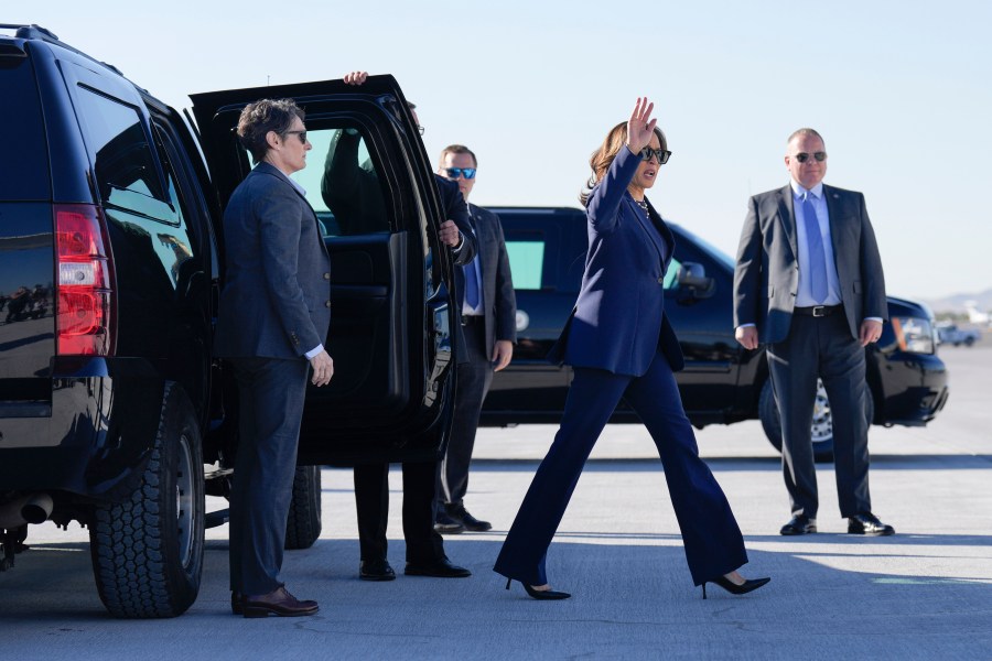 Democratic presidential nominee Vice President Kamala Harris walks to board Air Force Two in Las Vegas, Monday, Sept. 30, 2024, en route to Washington. (AP Photo/Carolyn Kaster)