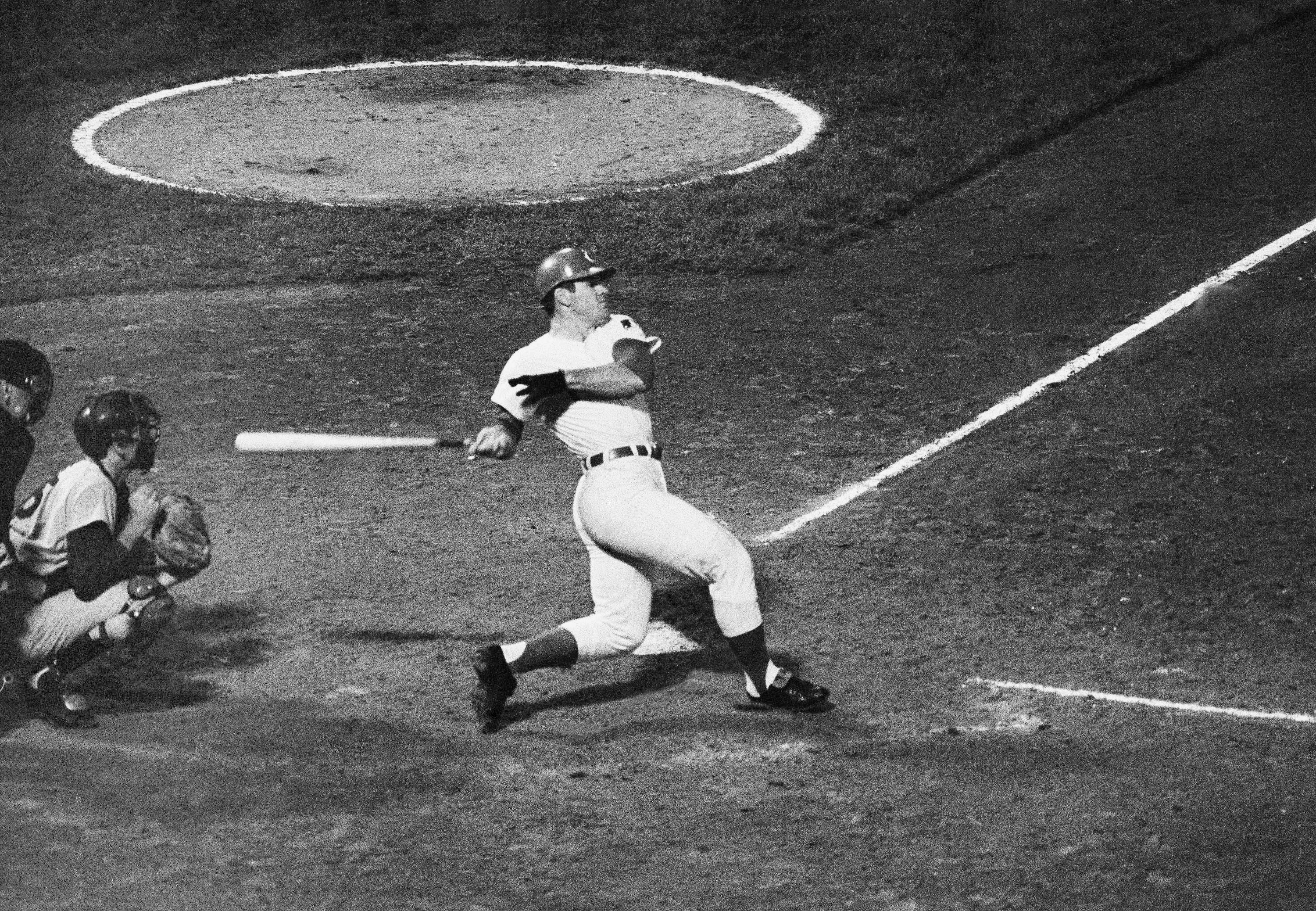 FILE - Cincinnati's Pete Rose watches the ball sail toward the right field bleachers in fourth inning of twi-nighter nightcap against the Dodgers in Cincinnati, Sept. 24, 1969. (AP Photo, File)