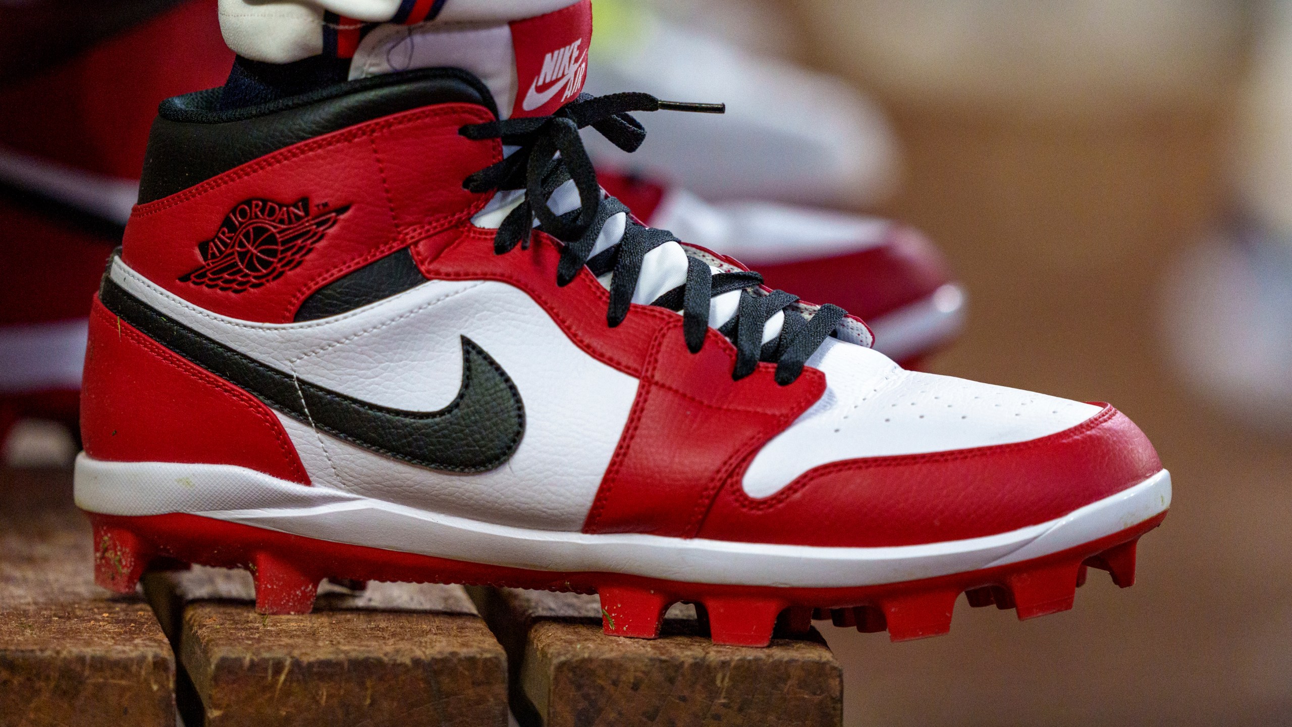 FILE - Atlanta Braves outfielder Jorge Soler wears custom Nike Air Jordan cleats in the dugout during the seventh inning of a baseball game against the Colorado Rockies, Sept. 5, 2024, in Atlanta. (AP Photo/Jason Allen, File)