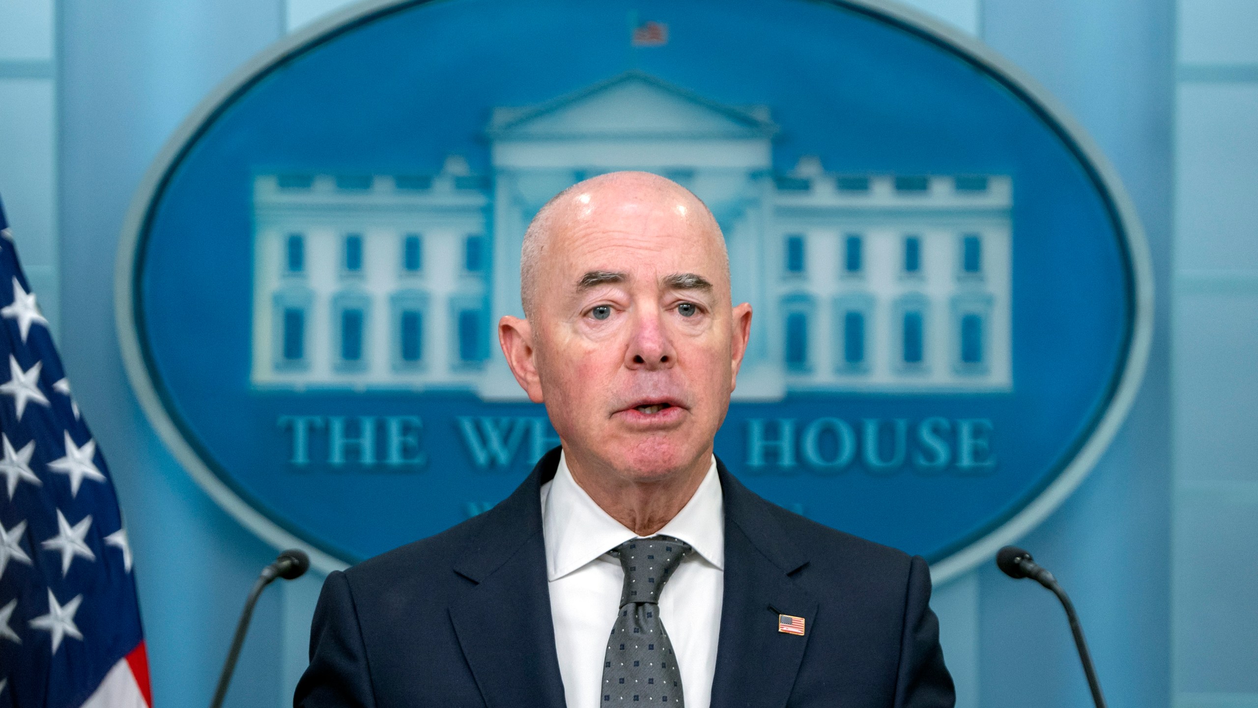 Homeland Security Secretary Alejandro Mayorkas speaks Tuesday, Oct. 1, 2024, during a briefing at the White House in Washington. (AP Photo/Mark Schiefelbein)