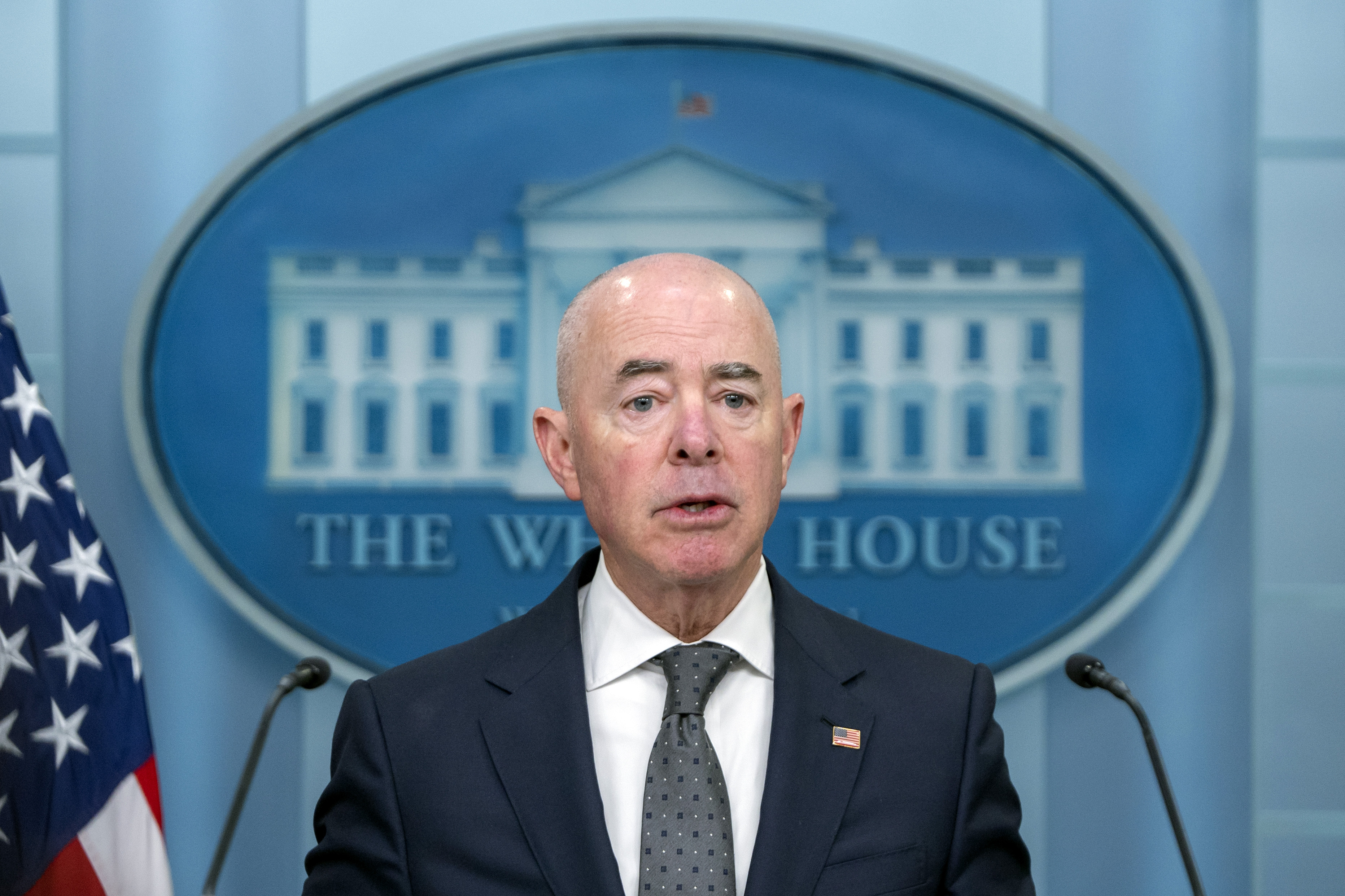 Homeland Security Secretary Alejandro Mayorkas speaks Tuesday, Oct. 1, 2024, during a briefing at the White House in Washington. (AP Photo/Mark Schiefelbein)