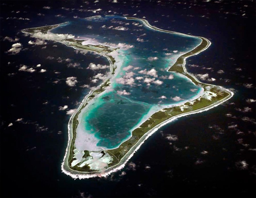 This image realeased by the U.S. Navy shows an aerial view of Diego Garcia. (U.S. Navy via AP)