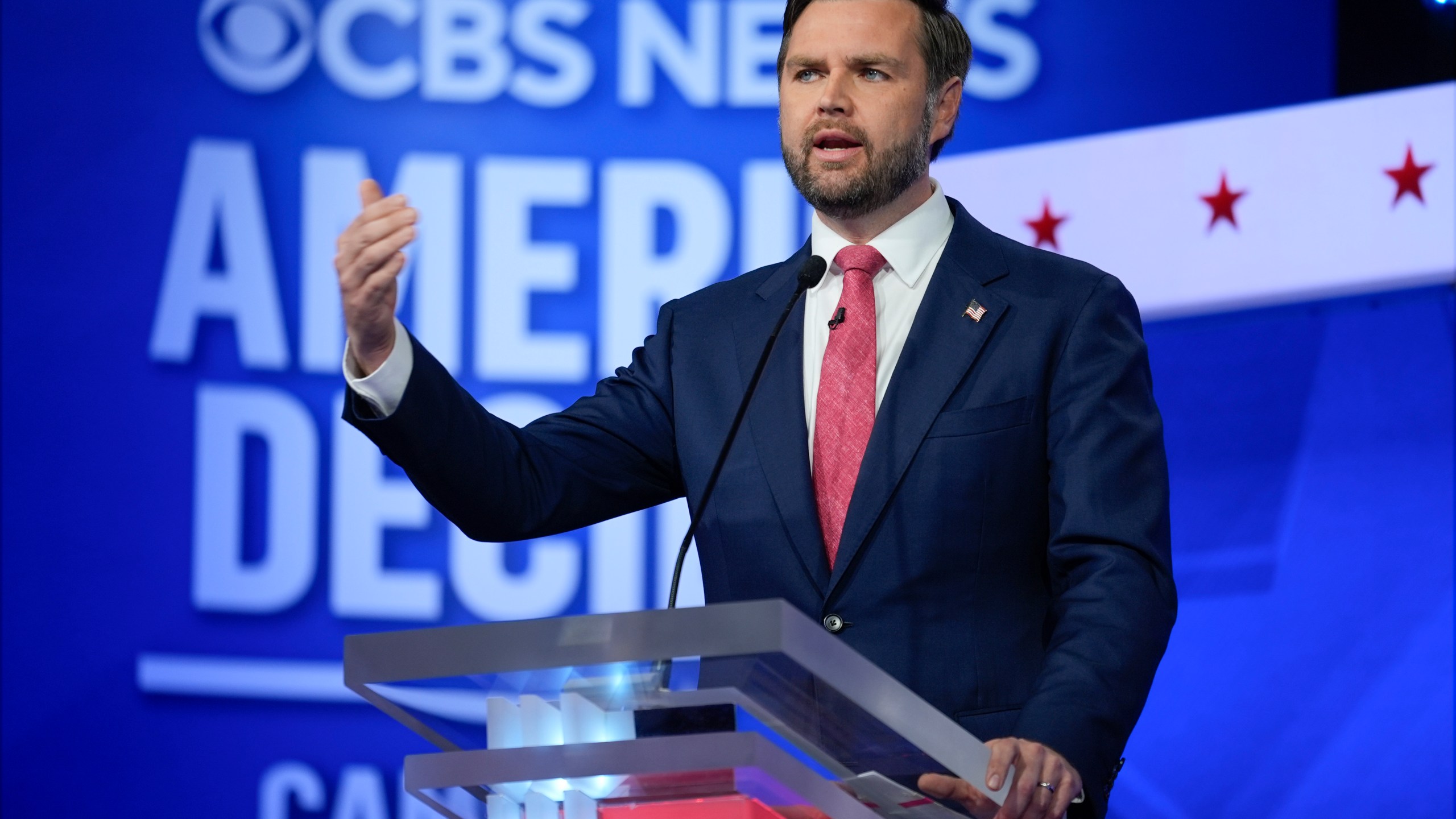 Republican vice presidential nominee Sen. JD Vance, R-Ohio, speaks during a vice presidential debate hosted by CBS News, with Democratic vice presidential candidate Minnesota Gov. Tim Walz, Tuesday, Oct. 1, 2024, in New York. (AP Photo/Matt Rourke)