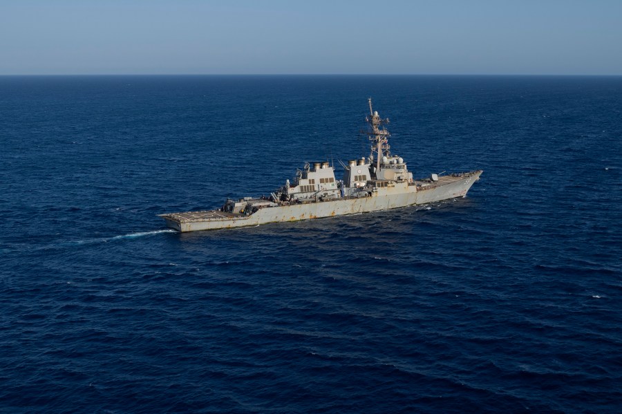 FILE - The Arleigh Burke-class guided missile destroyer USS Laboon sails in the Red Sea, June 12, 2024. (AP Photo/Bernat Armangue, File)