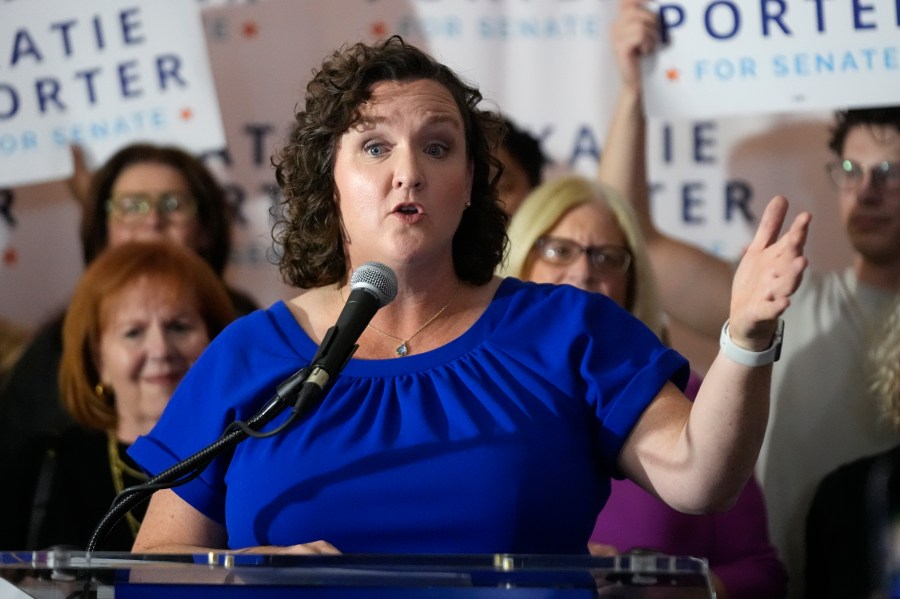 FILE - Rep. Katie Porter, D-Calif., speaks to supporters at an election night party, March 5, 2024, in Long Beach, Calif. (AP Photo/Damian Dovarganes, File)