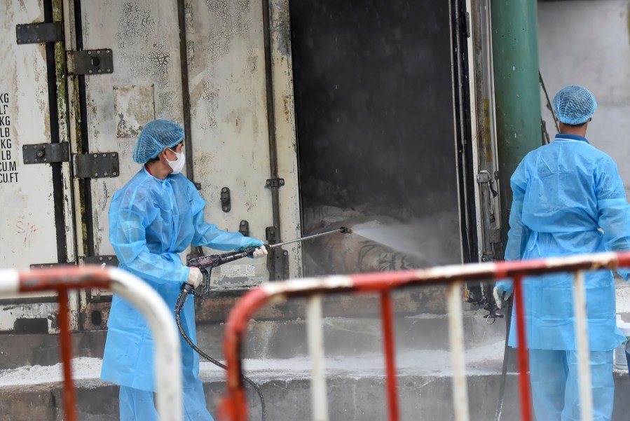 CORRECTS NAME OF ZOO- Animal health workers spray disinfectant after tigers died of bird flu at Vuon Xoai zoo in Bien Hoa city, Vietnam on Thursday, Oct. 3, 2024. (Phuoc Tuan/VNExpress via AP)