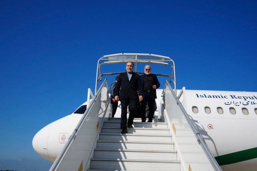 In this photo released by Iranian Foreign Ministry, Iranian Foreign Minister Abbas Araghchi steps out of his plane upon arrival at Beirut, Lebanon, Friday, Oct. 4, 2024. (Iranian Foreign Ministry via AP)