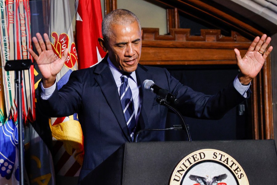 Former President Barack Obama speaks to guests after receiving the 2024 Sylvanus Thayer Award from the West Point Association of Graduates during ceremonies hosted by the U.S. Military Academy at West Point, Thursday, Sept. 19, 2024, in New York. (AP Photo/Eduardo Munoz Alvarez)