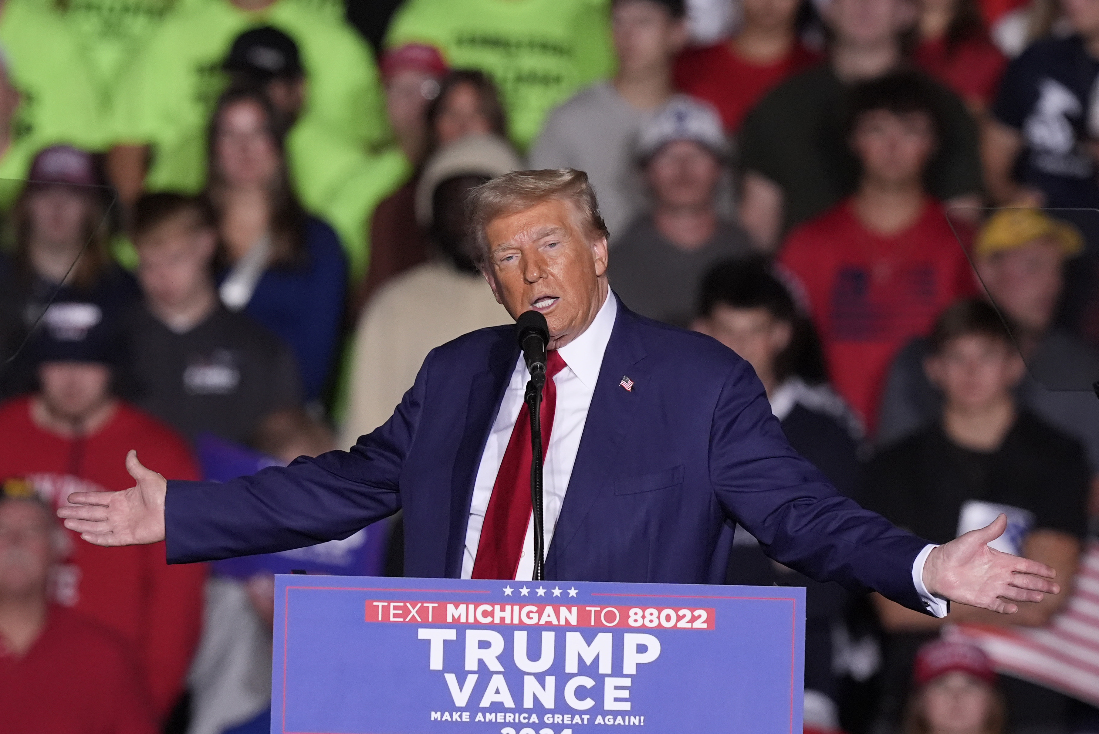 Republican presidential nominee former President Donald Trump speaks at a campaign event at the Ryder Center at Saginaw Valley State University, Thursday, Oct. 3, 2024, in University Center, Mich. (AP Photo/Carlos Osorio)