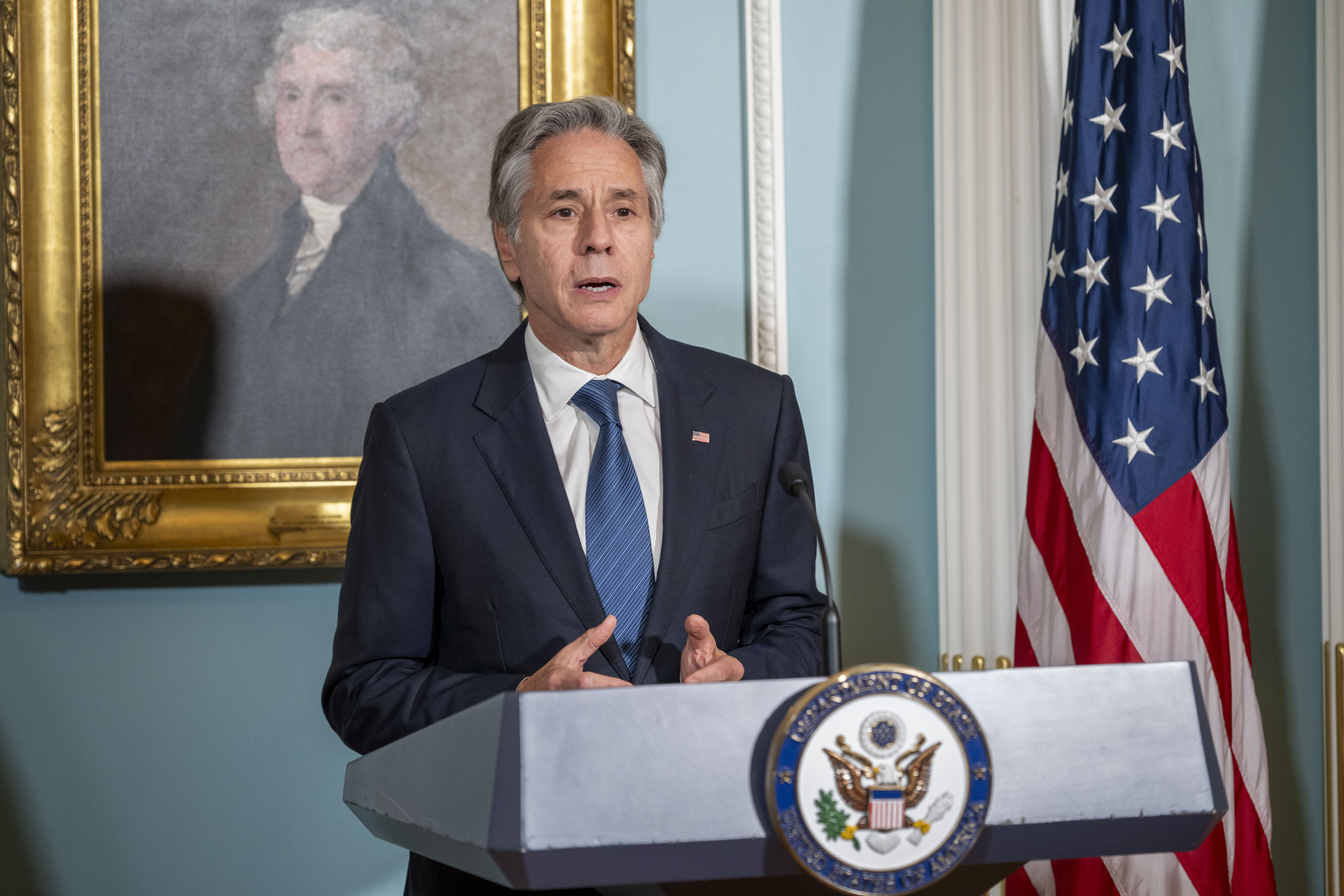 Secretary of State Antony Blinken speaks during a memorandum of cooperation signing ceremony with Norway's Foreign Minister Espen Barth Eide at the State Department on Monday, Sept. 30, 2024, in Washington. (AP Photo/Kevin Wolf)