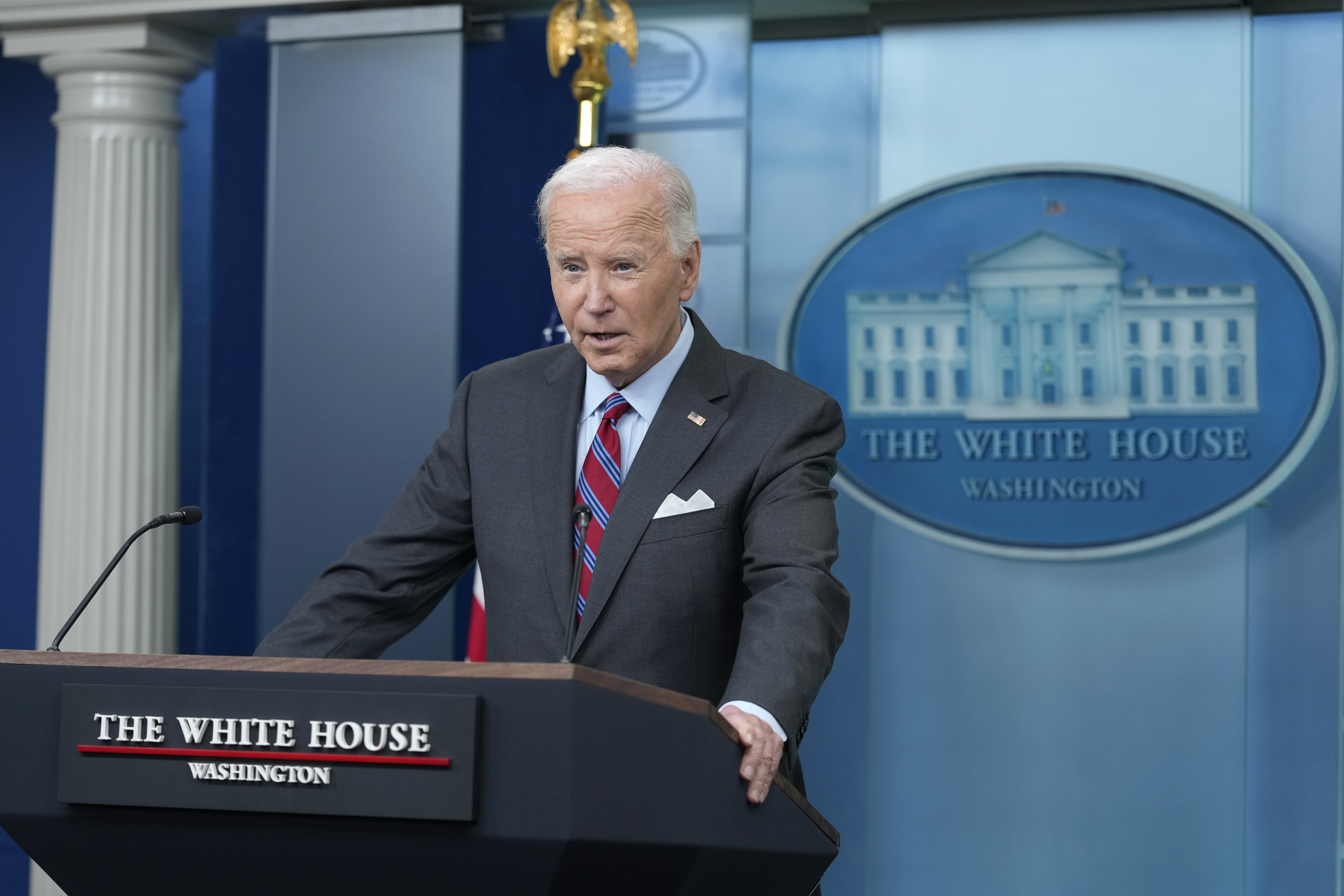 President Joe Biden speaks during a surprise appearance to take questions during the daily briefing at the White House in Washington, Friday, Oct. 4, 2024. (AP Photo/Susan Walsh)