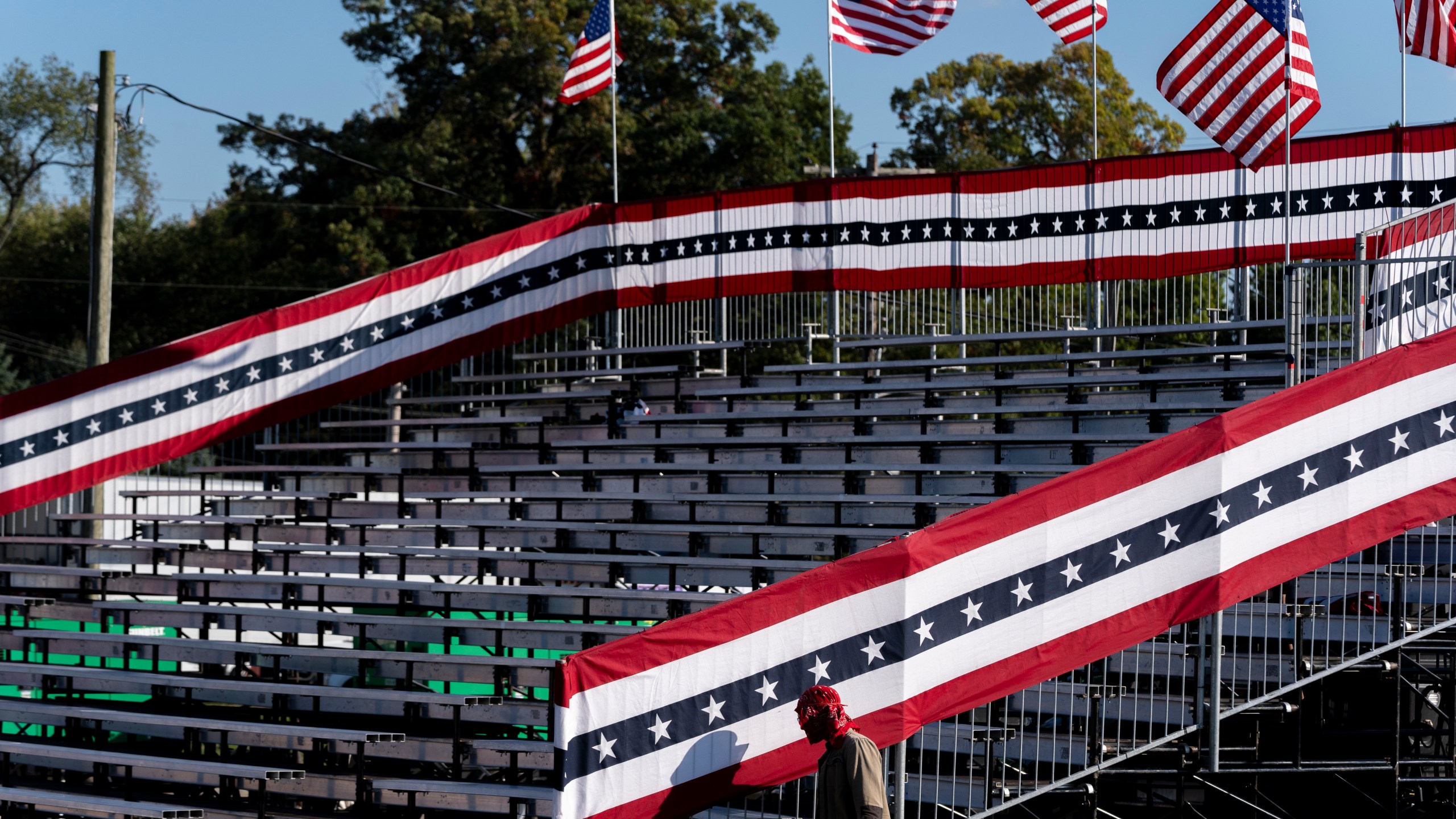 Bleachers are set up ahead of a campaign event for Republican presidential nominee former President Donald Trump at the Butler Farm Show, Friday, Oct. 4, 2024, in Butler, Pa. (AP Photo/Alex Brandon)