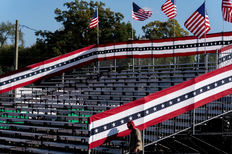 Bleachers are set up ahead of a campaign event for Republican presidential nominee former President Donald Trump at the Butler Farm Show, Friday, Oct. 4, 2024, in Butler, Pa. (AP Photo/Alex Brandon)