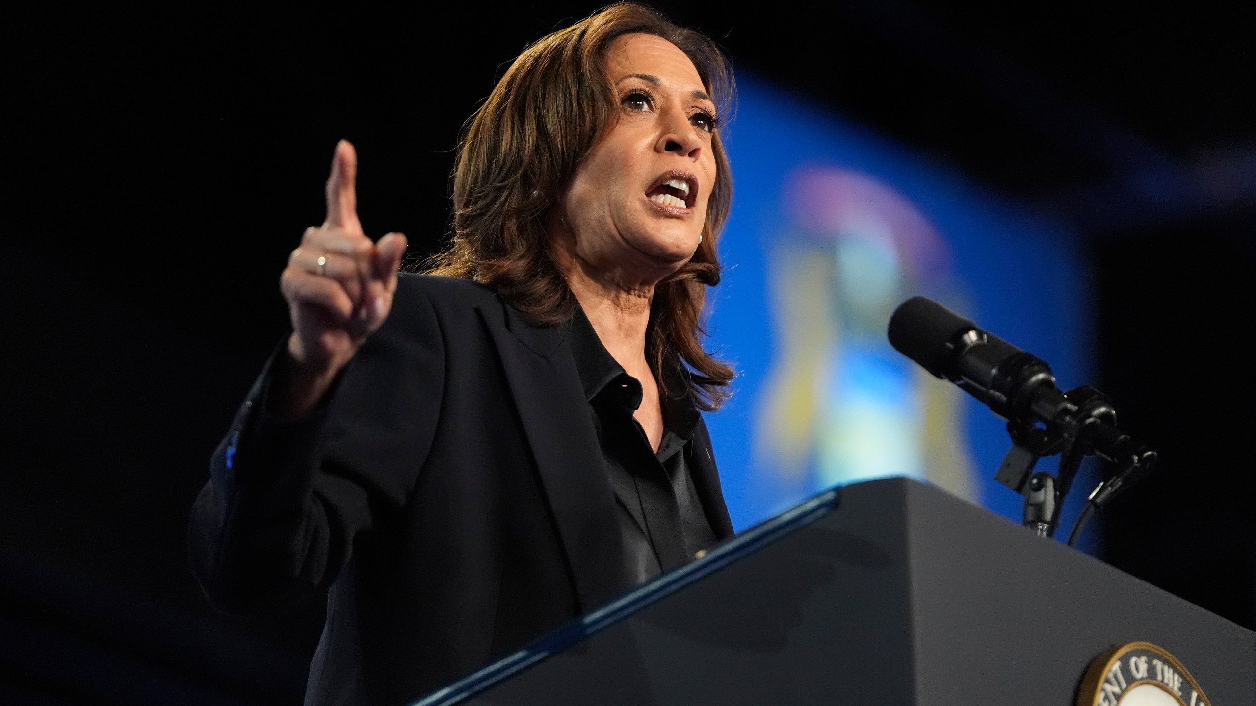 Democratic presidential nominee Vice President Kamala Harris speaks during a rally at the Dort Financial Center in Flint, Mich., Friday, Oct. 4, 2024. (AP Photo/Mark Schiefelbein)