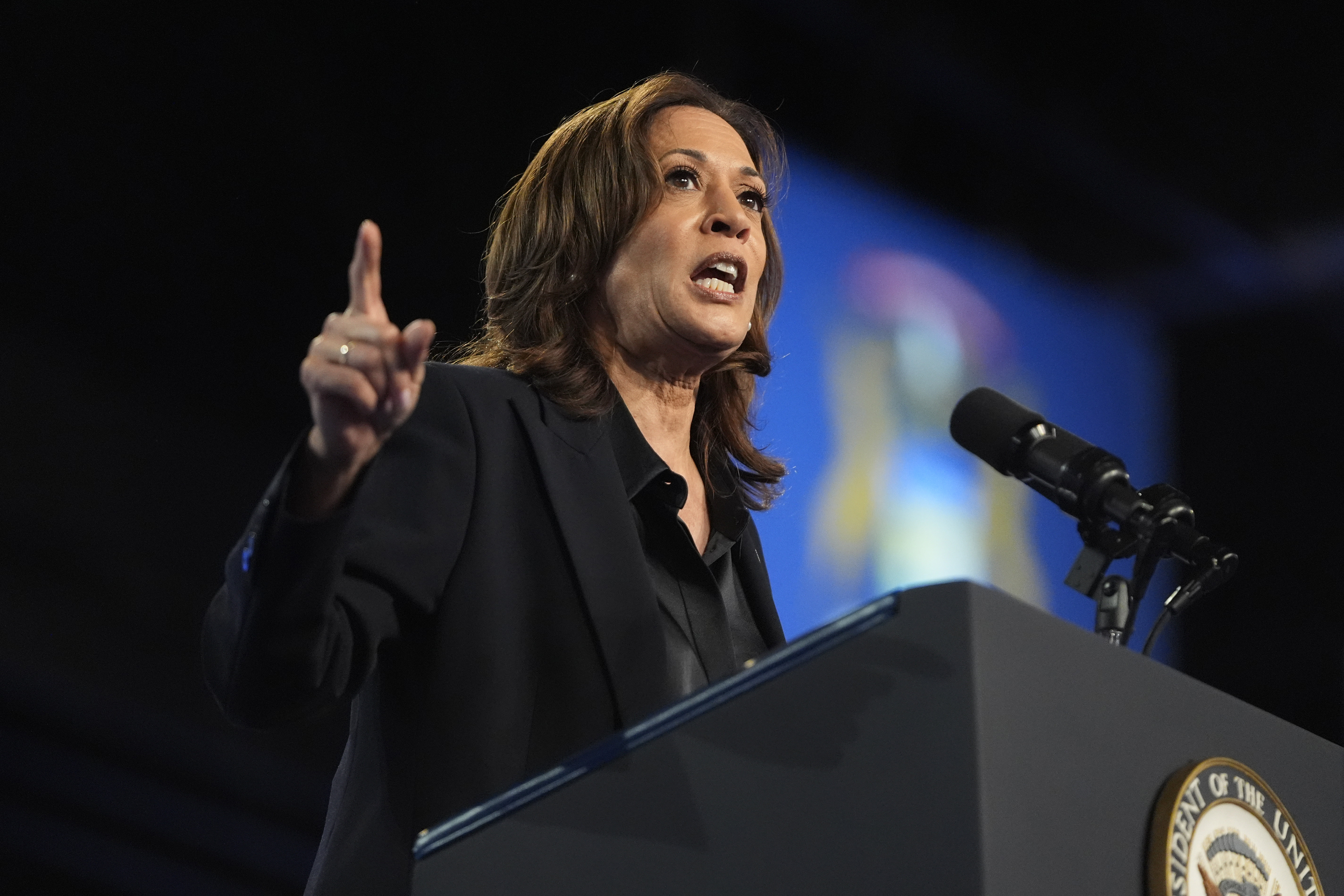 Democratic presidential nominee Vice President Kamala Harris speaks during a rally at the Dort Financial Center in Flint, Mich., Friday, Oct. 4, 2024. (AP Photo/Mark Schiefelbein)