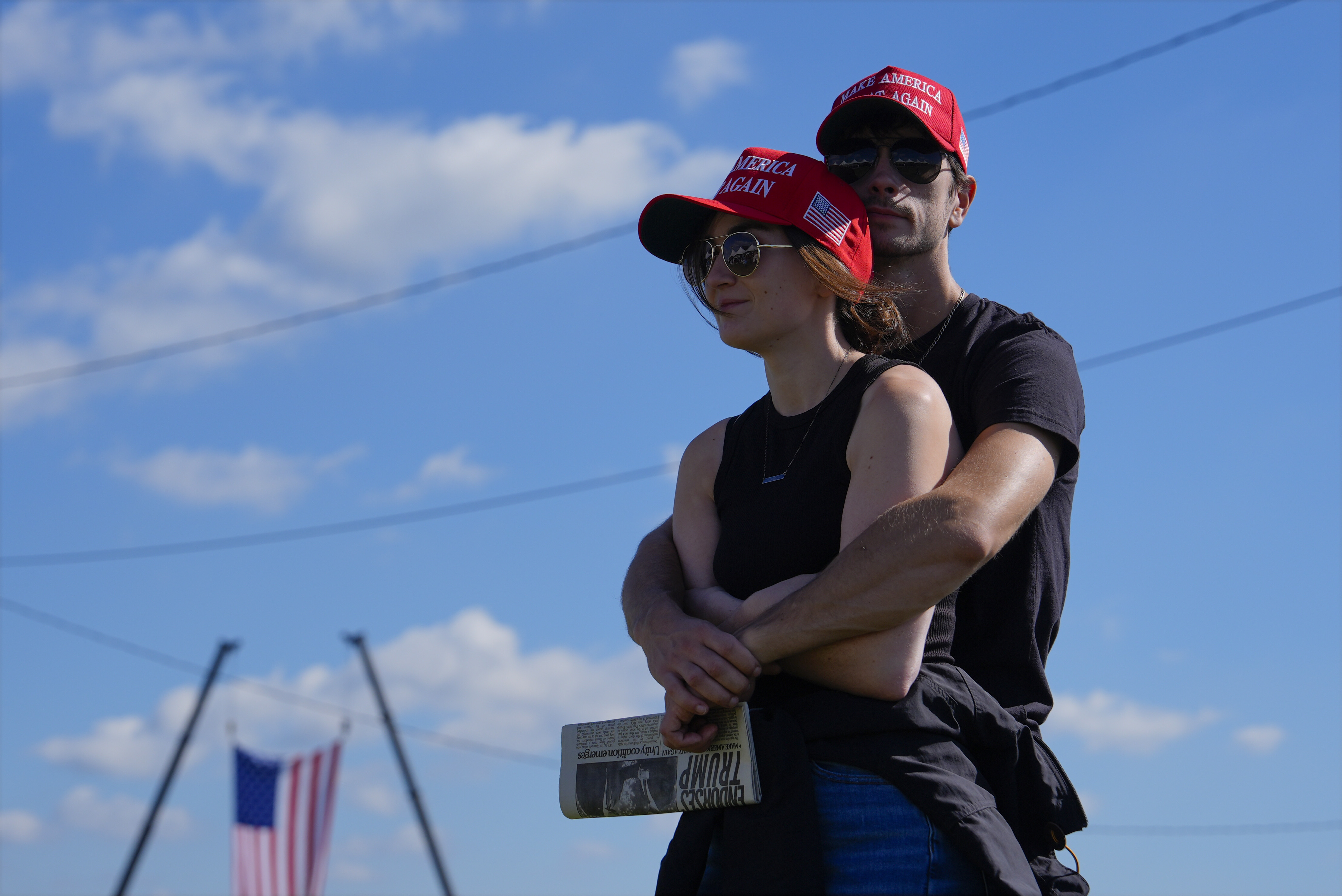 Megan and Ian Meier arrive before Republican presidential nominee former President Donald Trump speaks at a campaign rally at the Butler Farm Show, Saturday, Oct. 5, 2024, in Butler, Pa. (AP Photo/Julia Demaree Nikhinson)