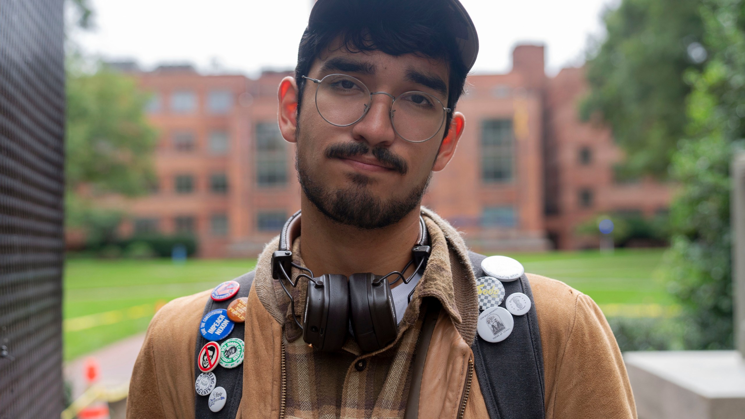 George Washington University student Ty Lindia poses for a photograph at the site of last spring's students tent encampment at George Washington University Yard in Washington, Wednesday, Oct. 2, 2024. (AP Photo/Jose Luis Magana)