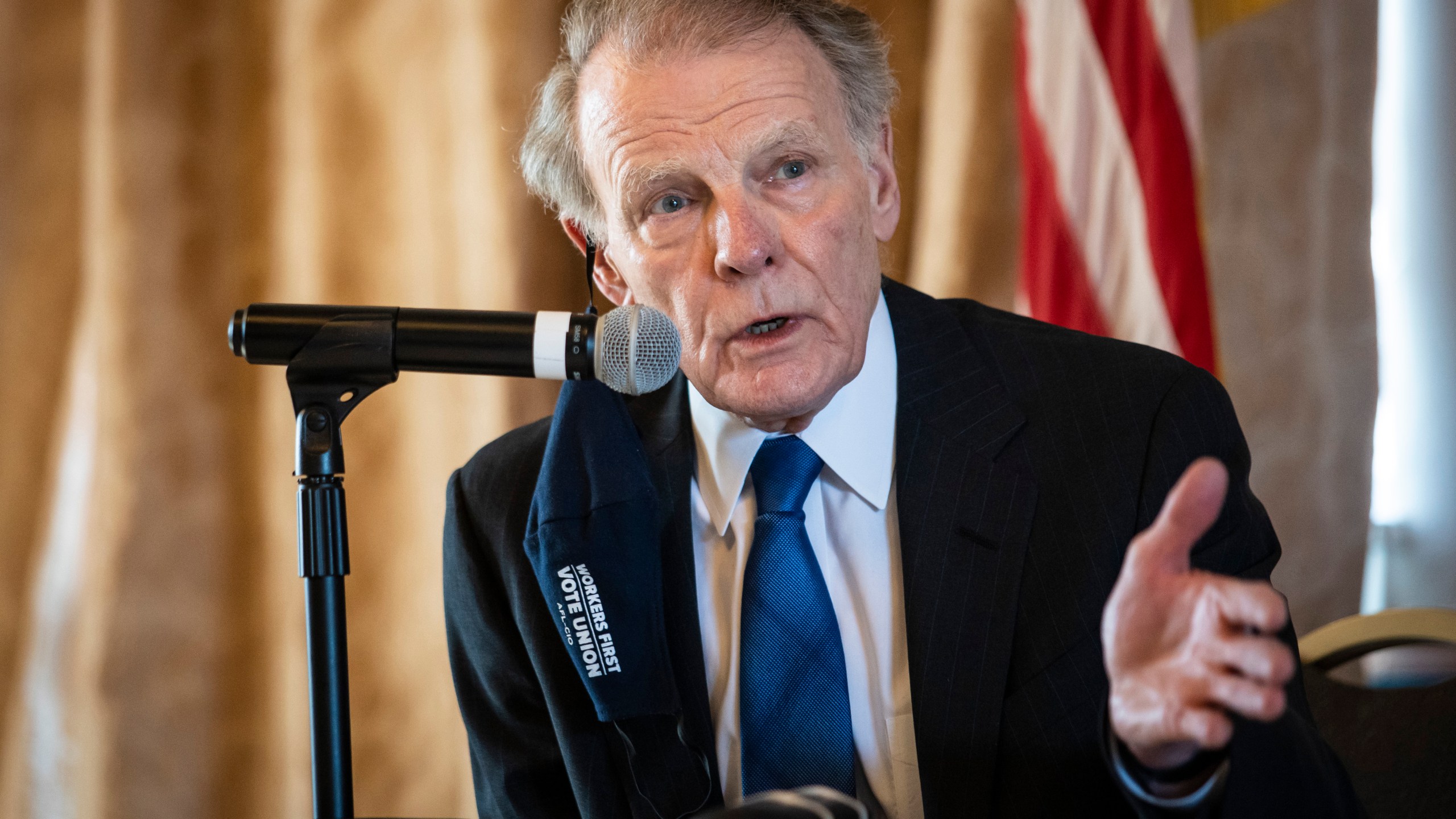 FILE - Illinois' former Speaker of the House Michael Madigan speaks during a committee hearing Thursday, Feb. 25, 2021, in Chicago. (Ashlee Rezin Garcia/Chicago Sun-Times via AP, File)