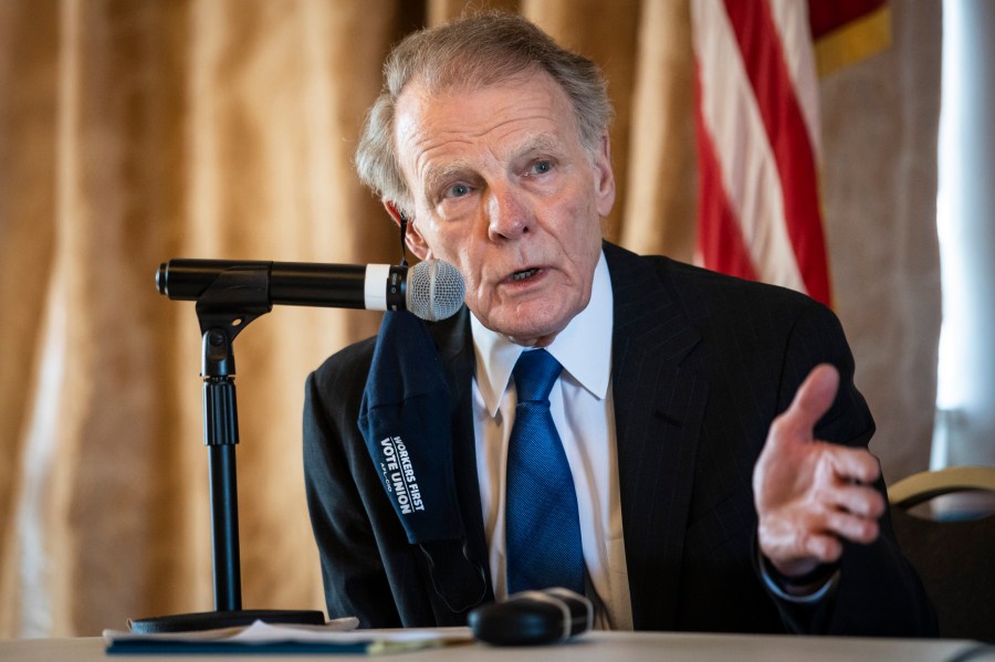 FILE - Illinois' former Speaker of the House Michael Madigan speaks during a committee hearing Thursday, Feb. 25, 2021, in Chicago. (Ashlee Rezin Garcia/Chicago Sun-Times via AP, File)