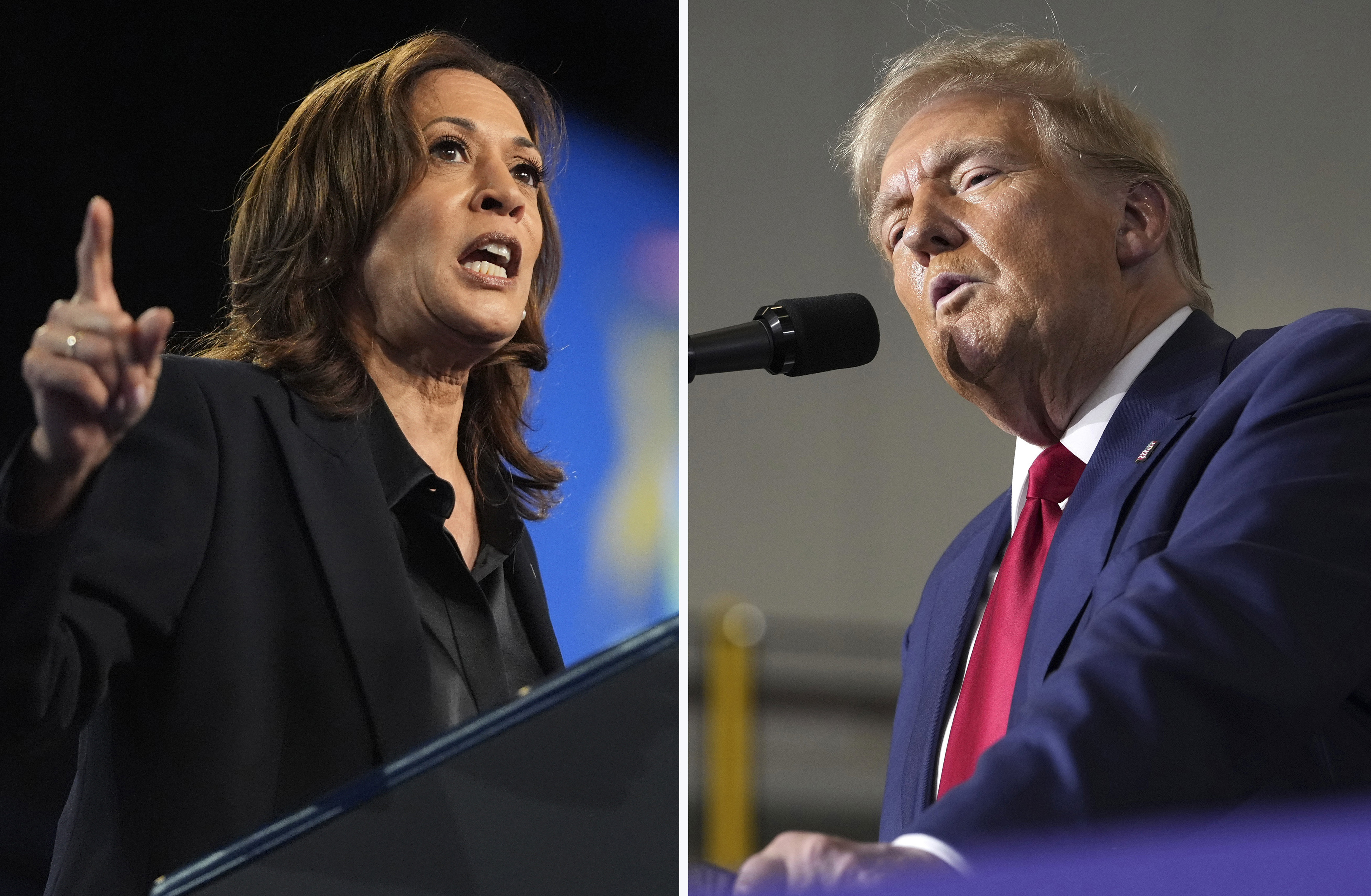 This combination photo shows Democratic presidential nominee Vice President Kamala Harris at a rally in Flint, Mich., Oct. 4, 2024, left, and Republican presidential nominee former President Donald Trump at a campaign rally in Walker, Mich., Sept. 27, 2024. (AP Photo)