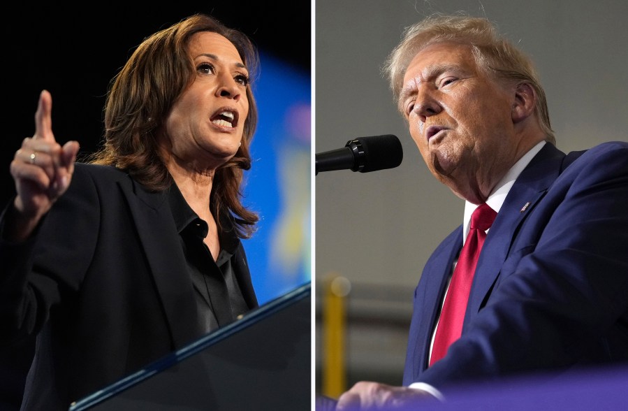 This combination photo shows Democratic presidential nominee Vice President Kamala Harris at a rally in Flint, Mich., Oct. 4, 2024, left, and Republican presidential nominee former President Donald Trump at a campaign rally in Walker, Mich., Sept. 27, 2024. (AP Photo)