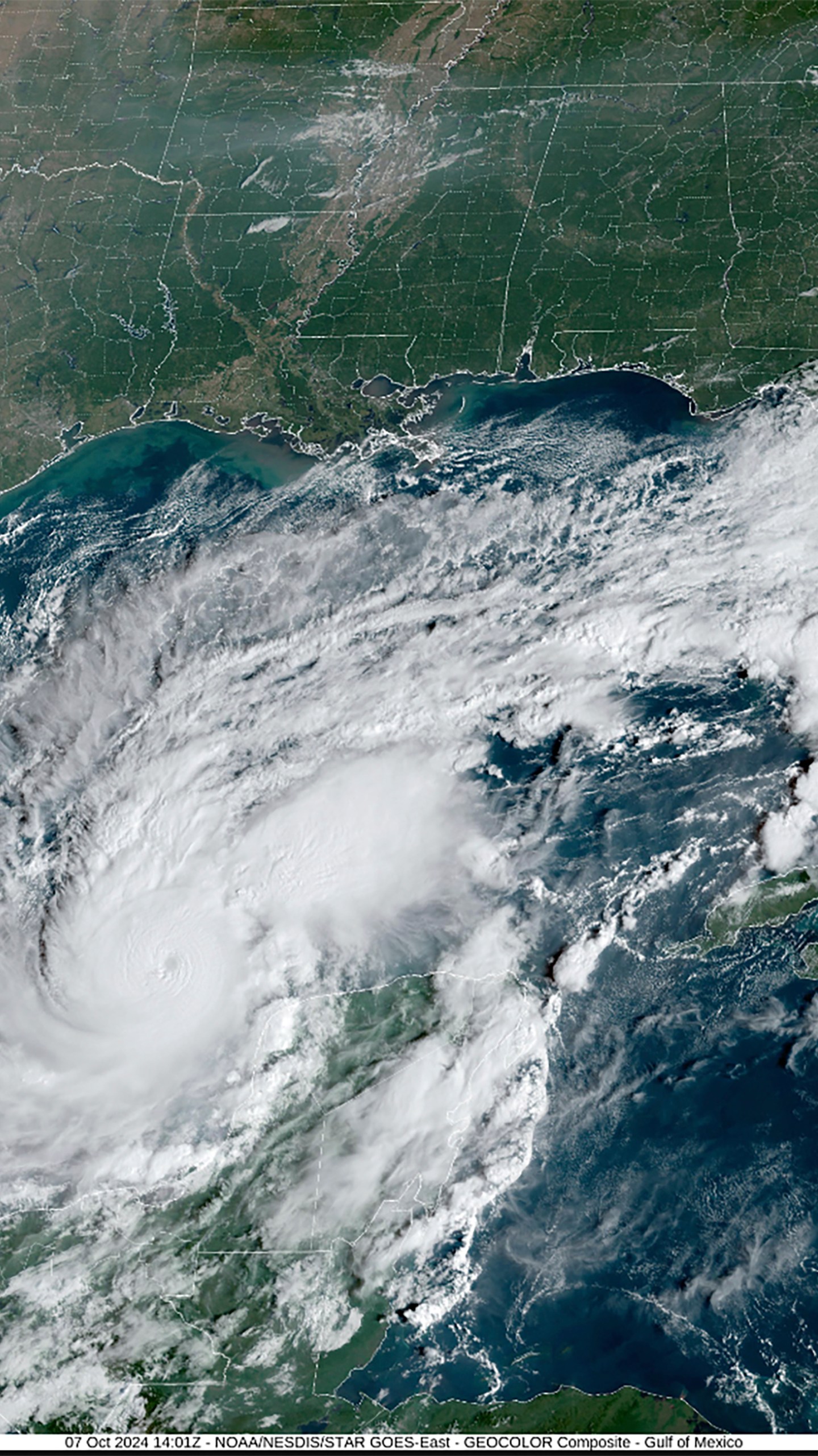 This satellite image provided by the National Oceanic and Atmospheric Administration on Monday, Oct. 7, 2024, shows Hurricane Milton. (NOAA via AP)