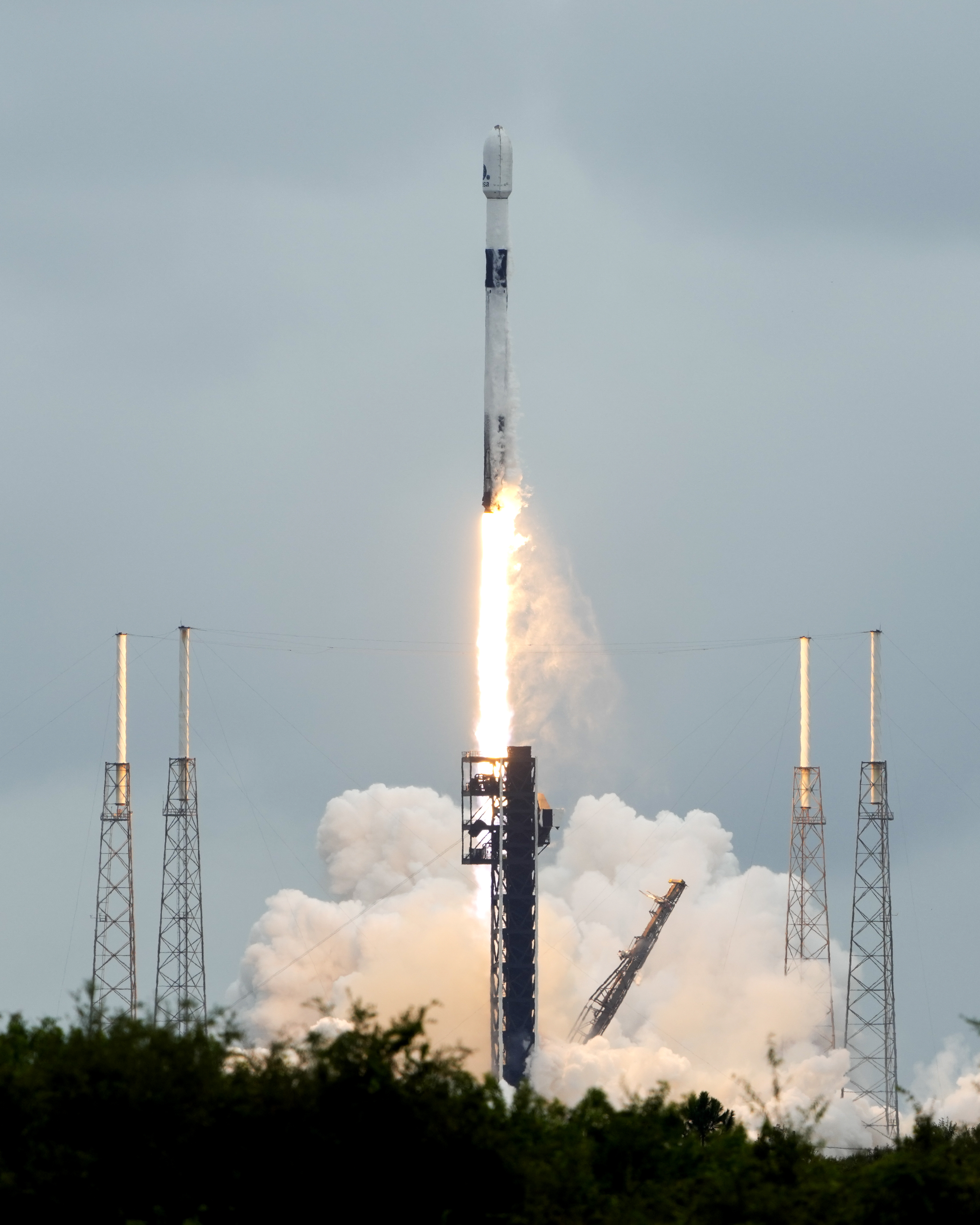 A SpaceX Falcon 9 rocket lifts off from the Cape Canaveral Space Force Station, Monday, Oct. 7, 2024 at Cape Canaveral, Fla., carrying a European spacecraft to an asteroid. (AP Photo/John Raoux)