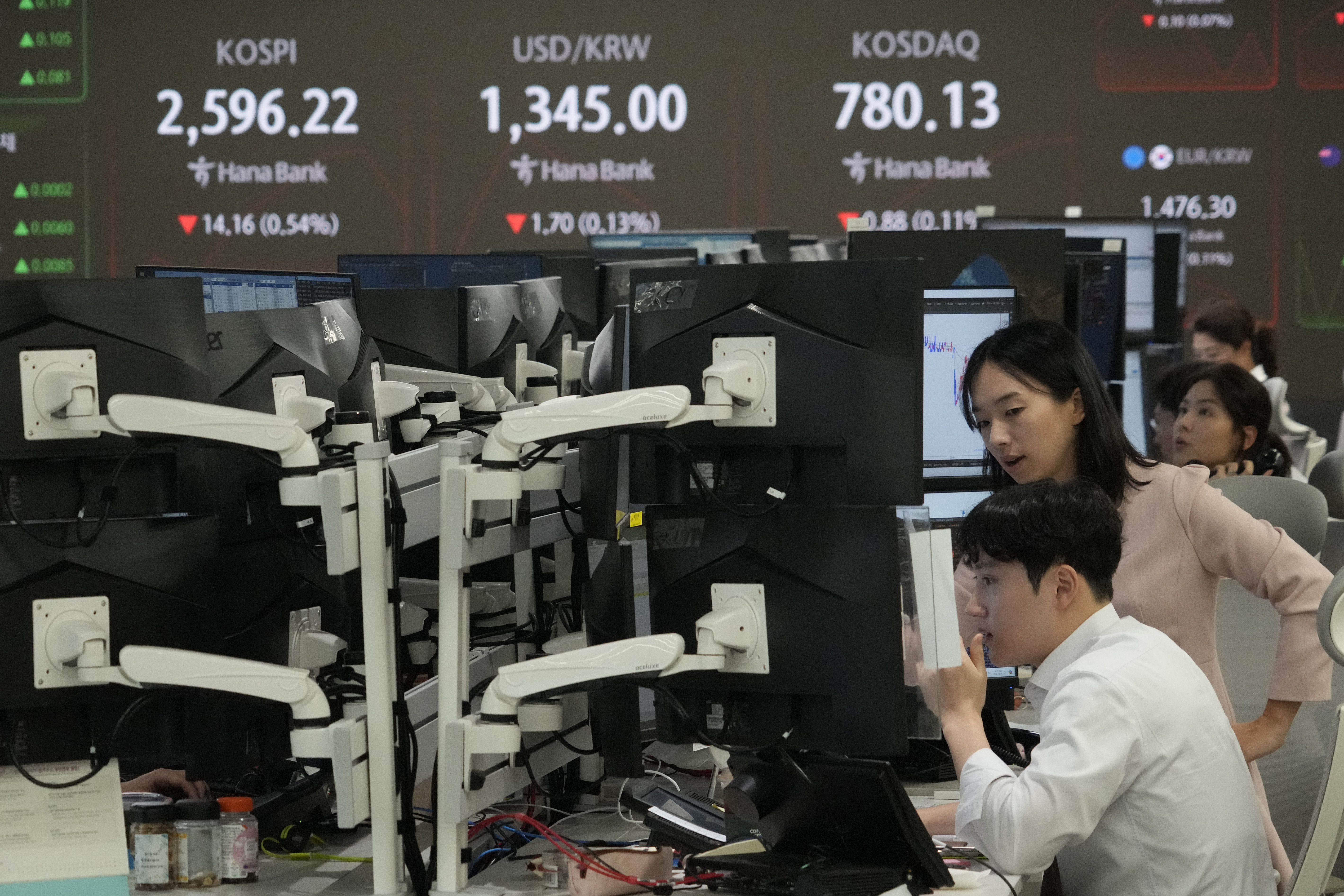 Currency traders watch monitors at the foreign exchange dealing room of the KEB Hana Bank headquarters in Seoul, South Korea, Tuesday, Oct. 8, 2024. (AP Photo/Ahn Young-joon)