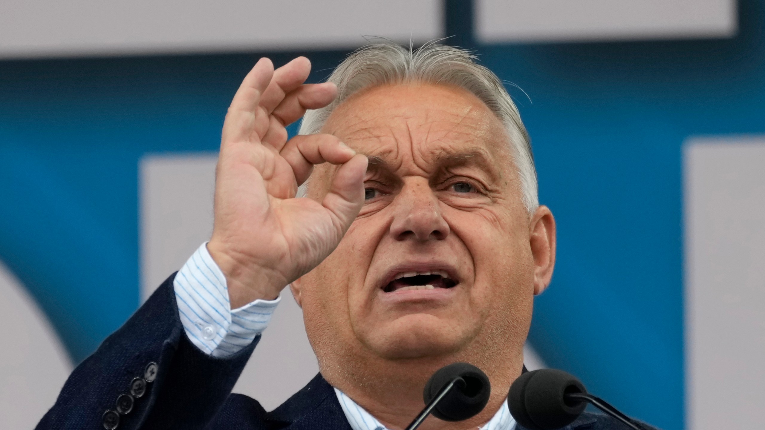 Hungarian Prime Minister and President of EU Council Viktor Orban speaks as he attends the League's annual gathering in Pontida, north of Milan, Italy, Sunday, Oct. 6, 2024. (AP Photo/Antonio Calanni)