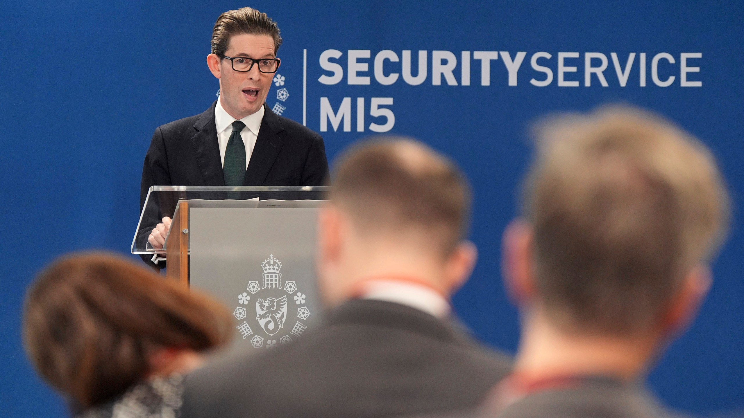 Ken McCallum, Director General of MI5, delivers the annual Director General's speech at Counter Terrorism Operations Centre in west London, Tuesday Oct. 8, 2024. (Yui Mok/PA via AP)