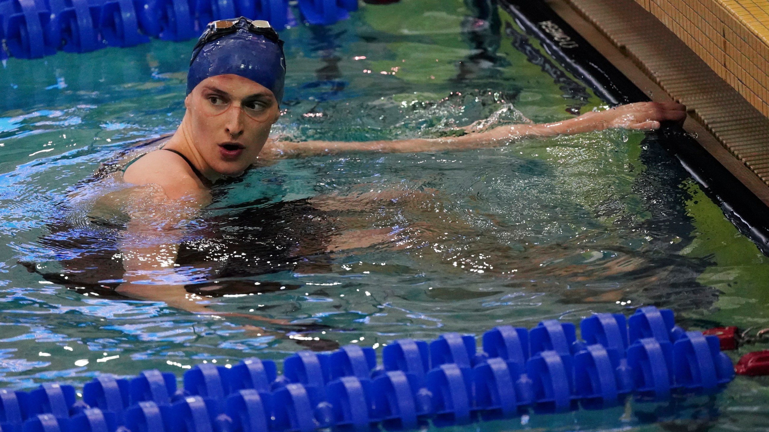 FILE - Pennsylvania's Lia Thomas waits for results after swimming the women's 200 freestyle final at the NCAA swimming and diving championships Friday, March 18, 2022, at Georgia Tech in Atlanta. (AP Photo/John Bazemore, File)