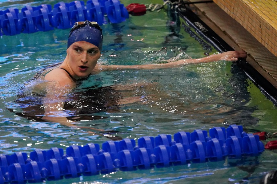 FILE - Pennsylvania's Lia Thomas waits for results after swimming the women's 200 freestyle final at the NCAA swimming and diving championships Friday, March 18, 2022, at Georgia Tech in Atlanta. (AP Photo/John Bazemore, File)