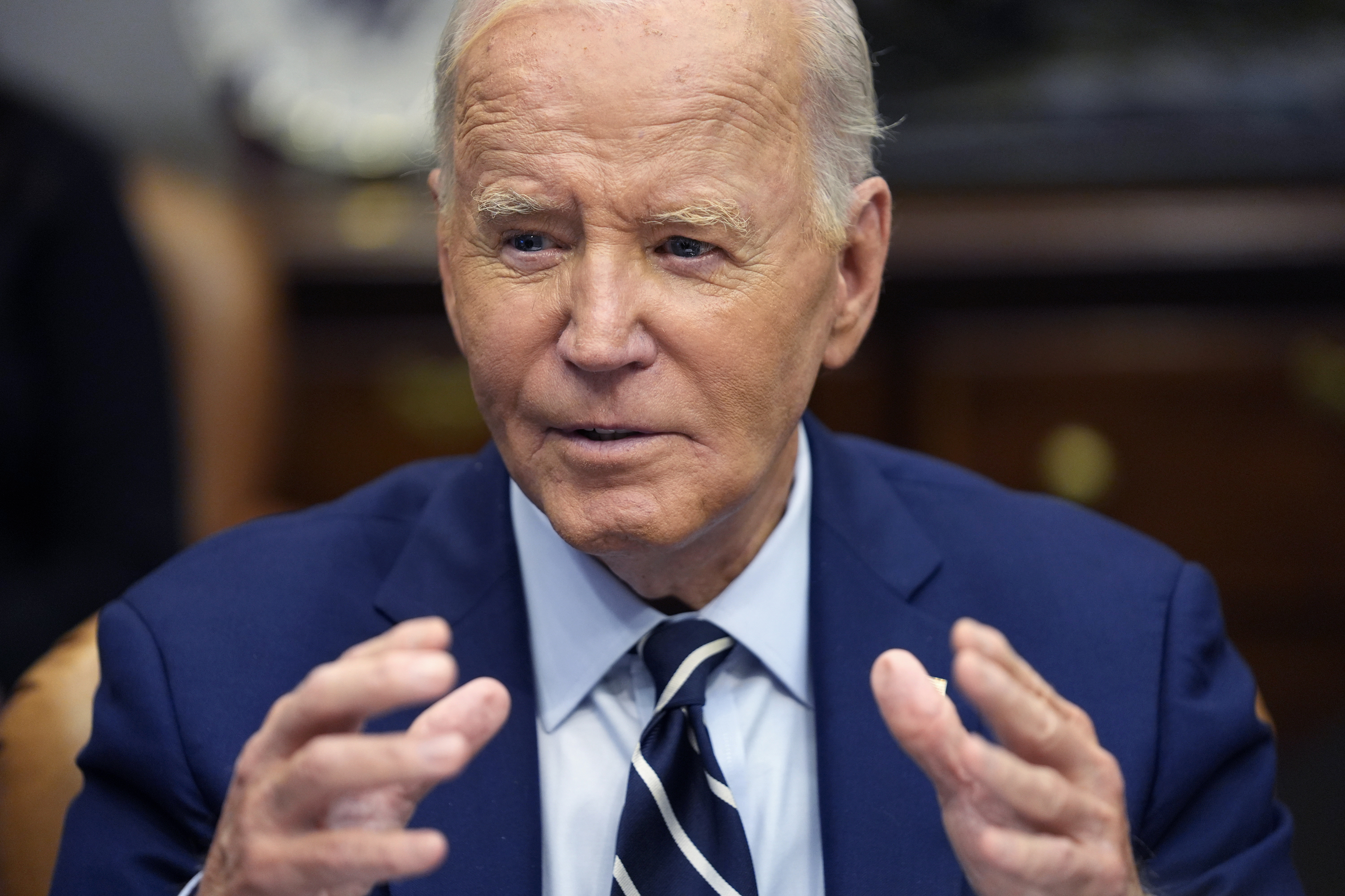 President Joe Biden delivers remarks on the federal government's response to Hurricane Helene and preparations for Hurricane Milton in the Roosevelt Room of the White House, Tuesday, Oct. 8, 2024, in Washington. (AP Photo/Evan Vucci)