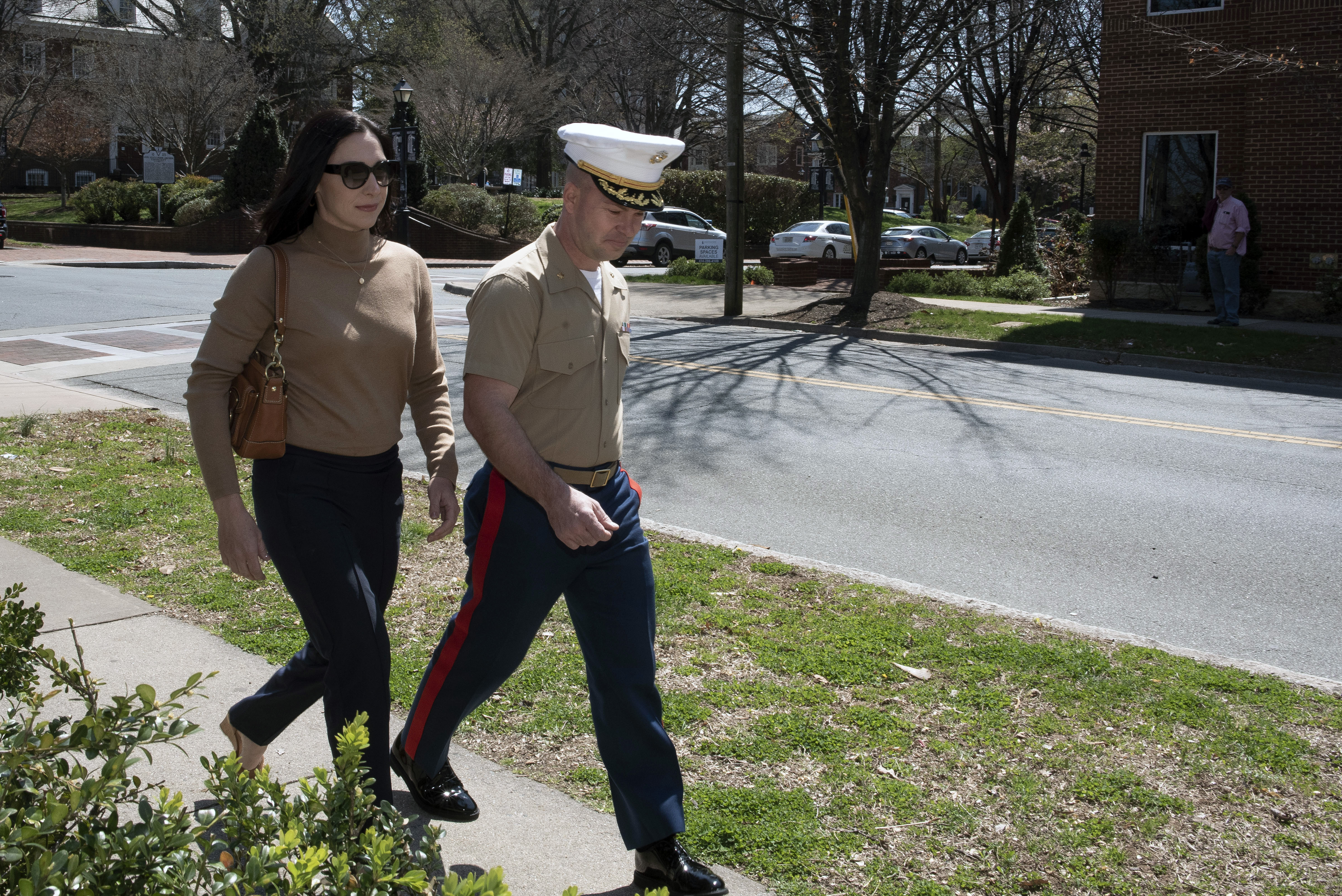 FILE - Marine Maj. Joshua Mast and his wife, Stephanie, arrive at Circuit Court for a hearing in an ongoing custody battle over an Afghan orphan, March 30, 2023, in Charlottesville, Va. (AP Photo/Cliff Owen, File)