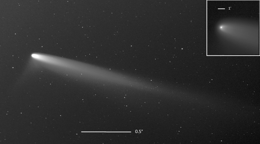 This image provided by Patrick Ditz shows two views of comet C/2023 A3 with bars added to indicate it's angular size, seen from San Pedro de Atacama, Chile, Sept. 24, 2024. (Patrick Ditz via AP)